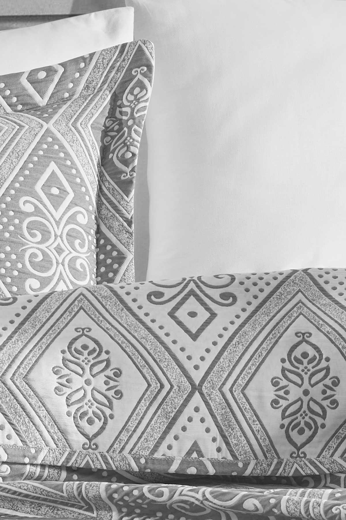 Yatak Örtüsü Takımı Çift Kişilik Pamuklu Krinkıl Etnik Gümüş (220x240cm) - Elart Home