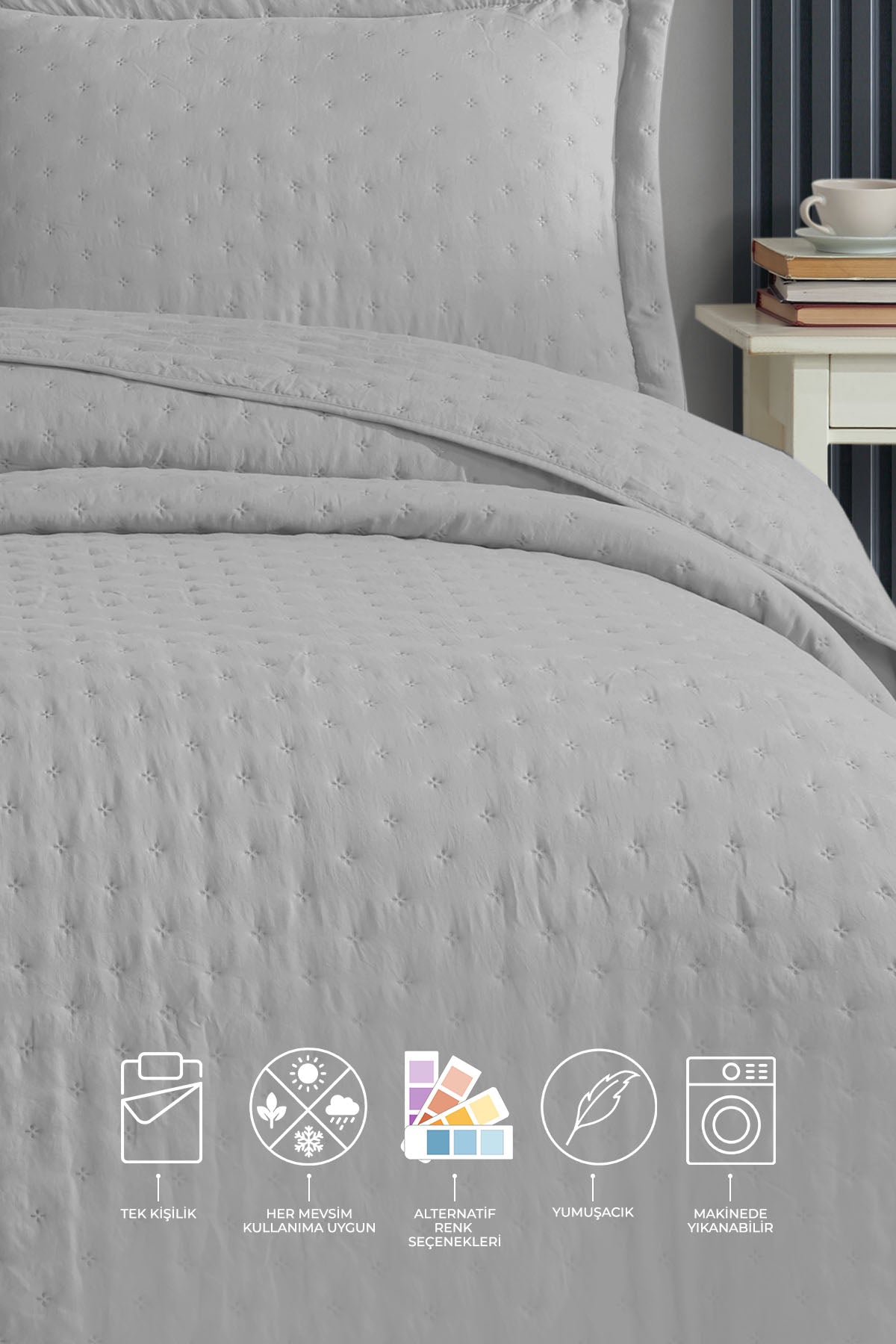 ELART Helena Yatak Örtüsü Tek Kişilik 2 Parça (180x240 cm) Gri