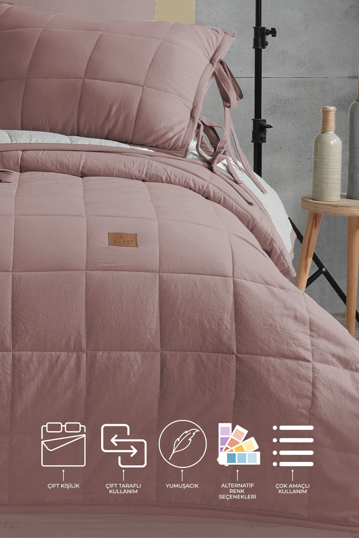 ELART Madelyn Yatak Örtüsü Çift Kişilik 3 Parça Gülkurusu