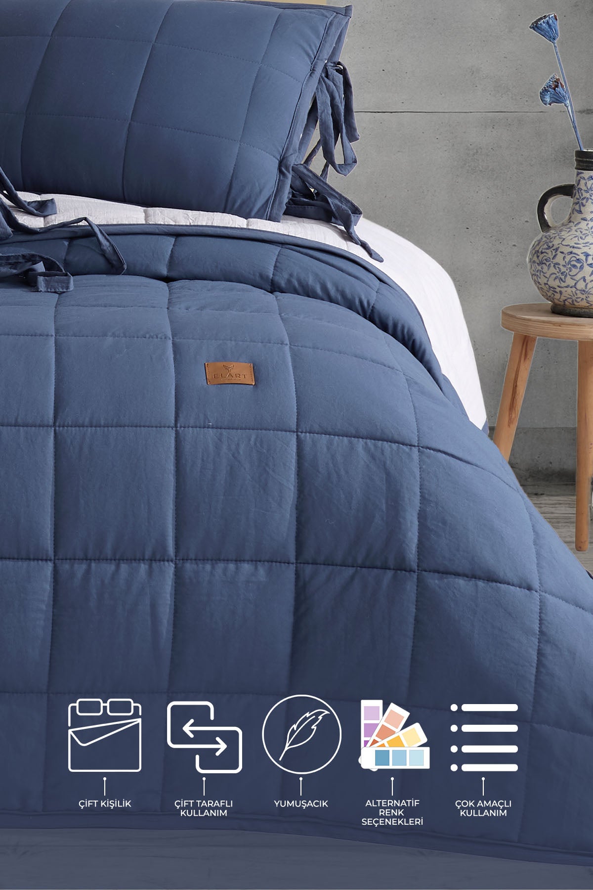 ELART Madelyn Yatak Örtüsü Çift Kişilik 3 Parça Mavi
