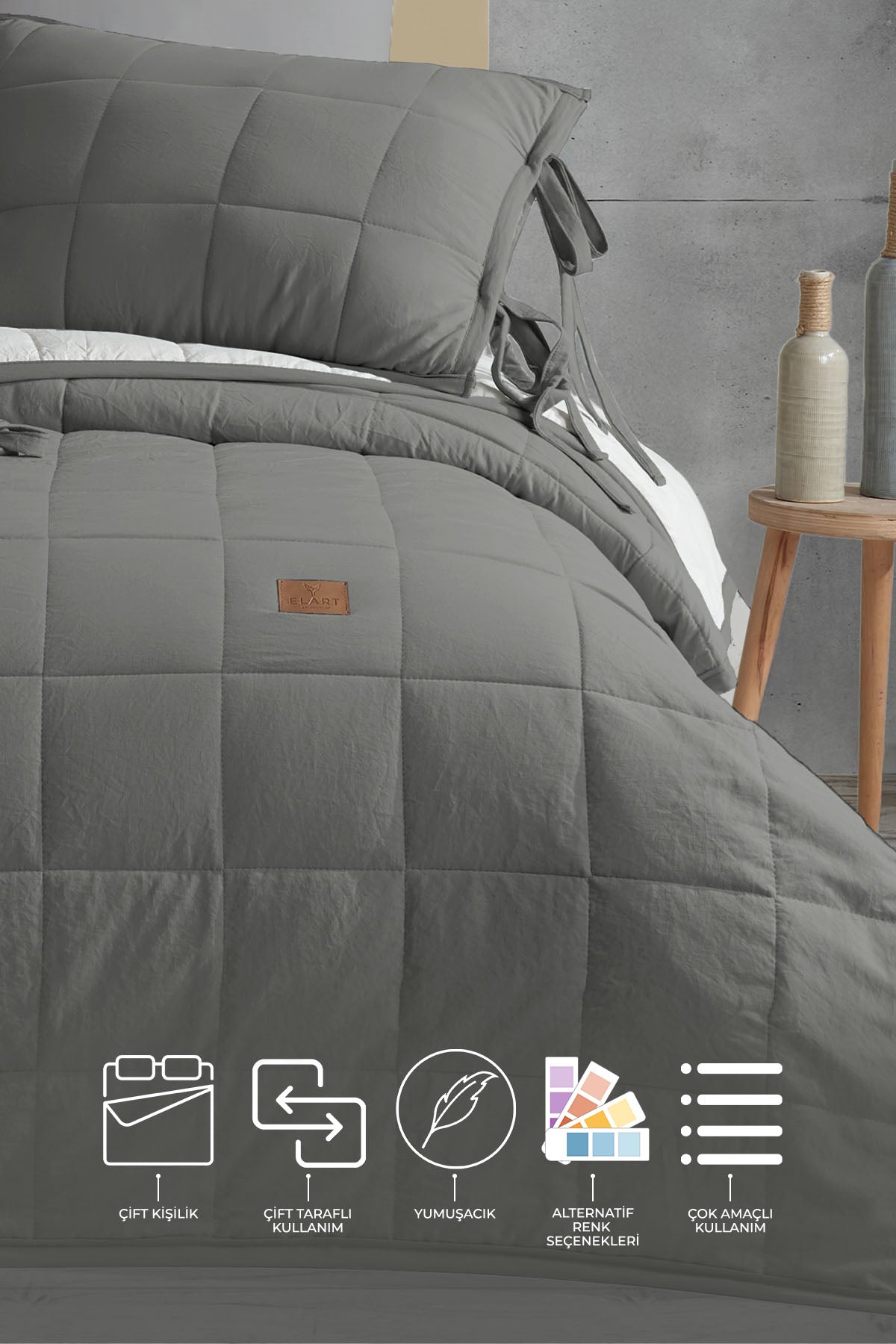 ELART Madelyn Yatak Örtüsü Çift Kişilik 3 Parça Antrasit