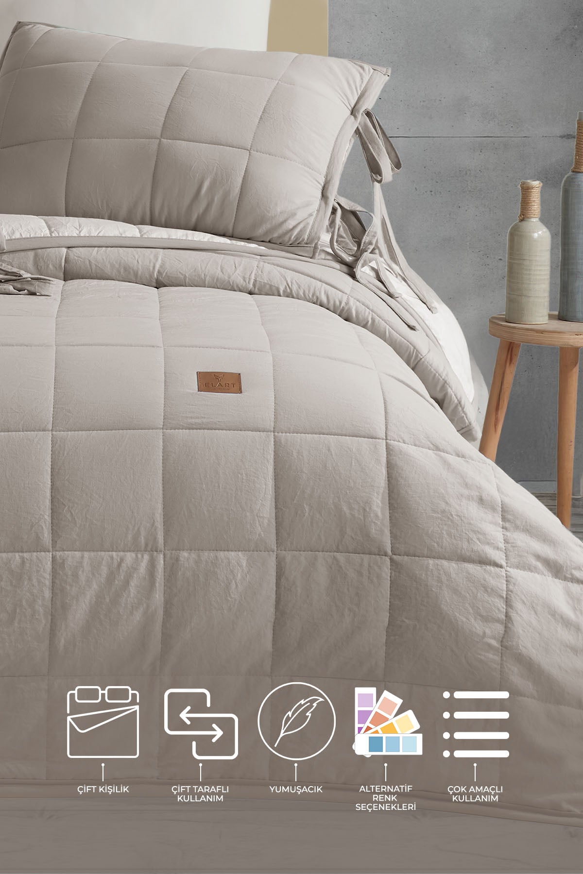 ELART Madelyn Yatak Örtüsü Çift Kişilik 3 Parça Ekru