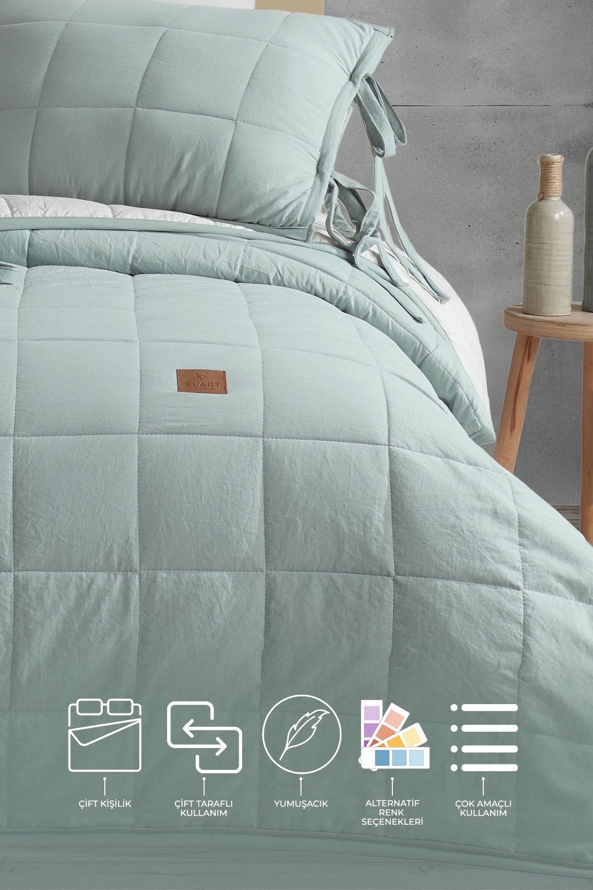 ELART Madelyn Yatak Örtüsü Çift Kişilik 3 Parça Adaçayı