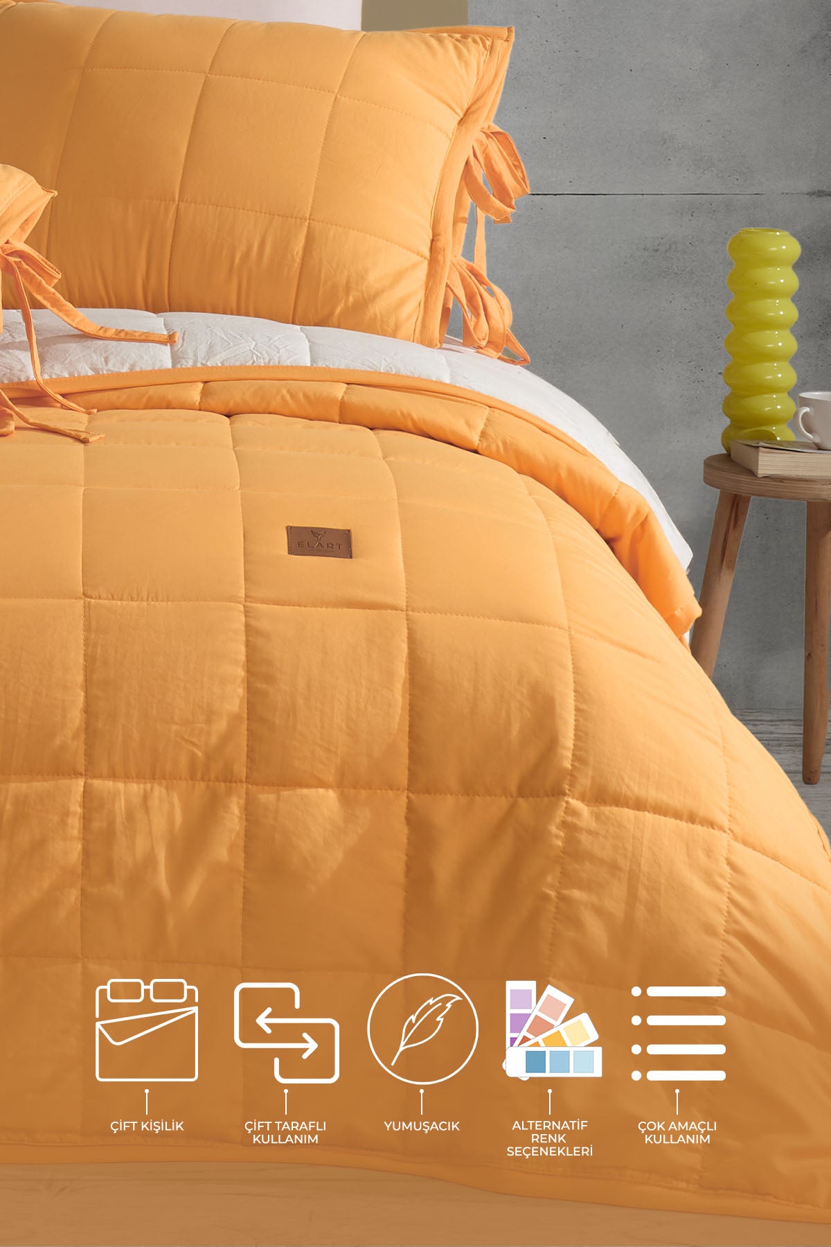 ELART Madelyn Yatak Örtüsü Çift Kişilik 3 Parça Sarı