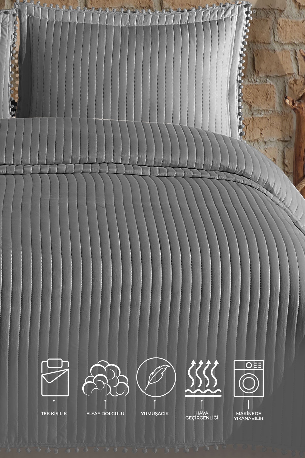Florita Yatak Örtüsü Takımı Tek Kişilik (180x240 cm) Gri