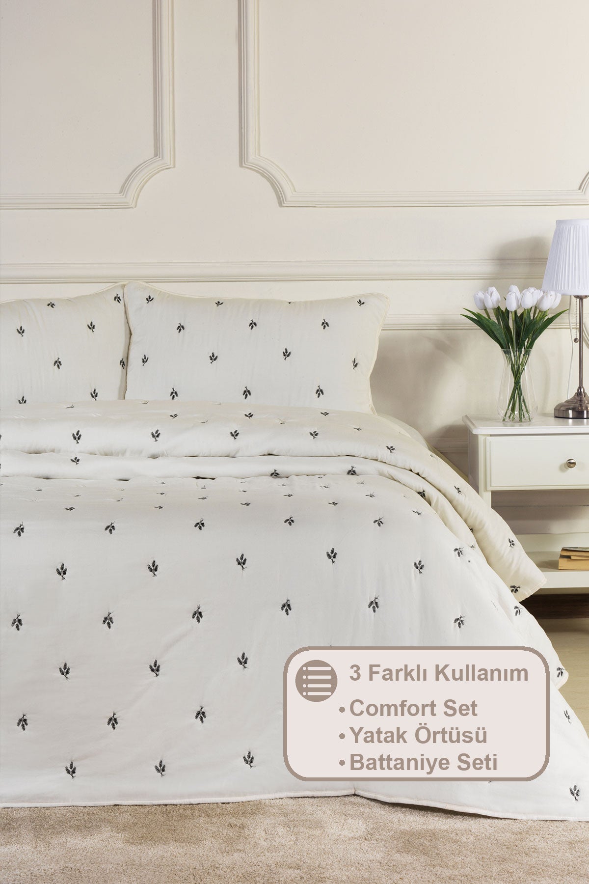 ELART Larissa Yatak Örtüsü Seti Çift Kişilik Nakışlı (220x240 cm) Siyah