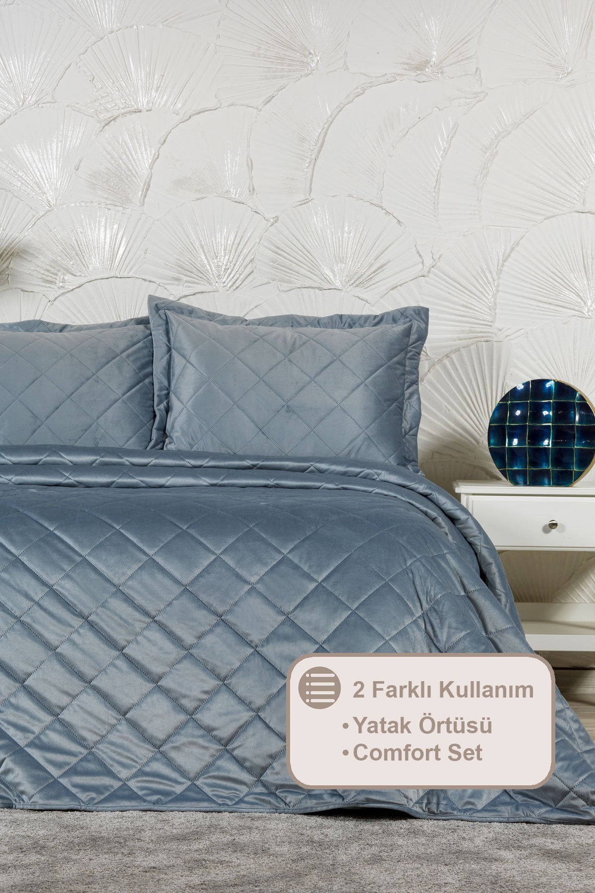 ELART Alice Yatak Örtüsü Çift Kişilik Kadife (240x260 cm) Gri