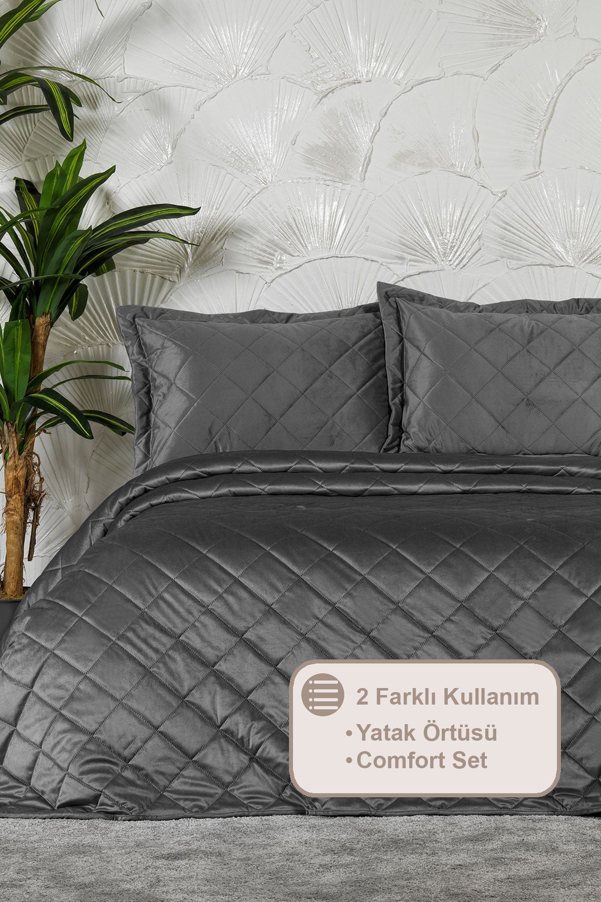 ELART Alice Yatak Örtüsü Çift Kişilik Kadife (240x260 cm) Antrasit