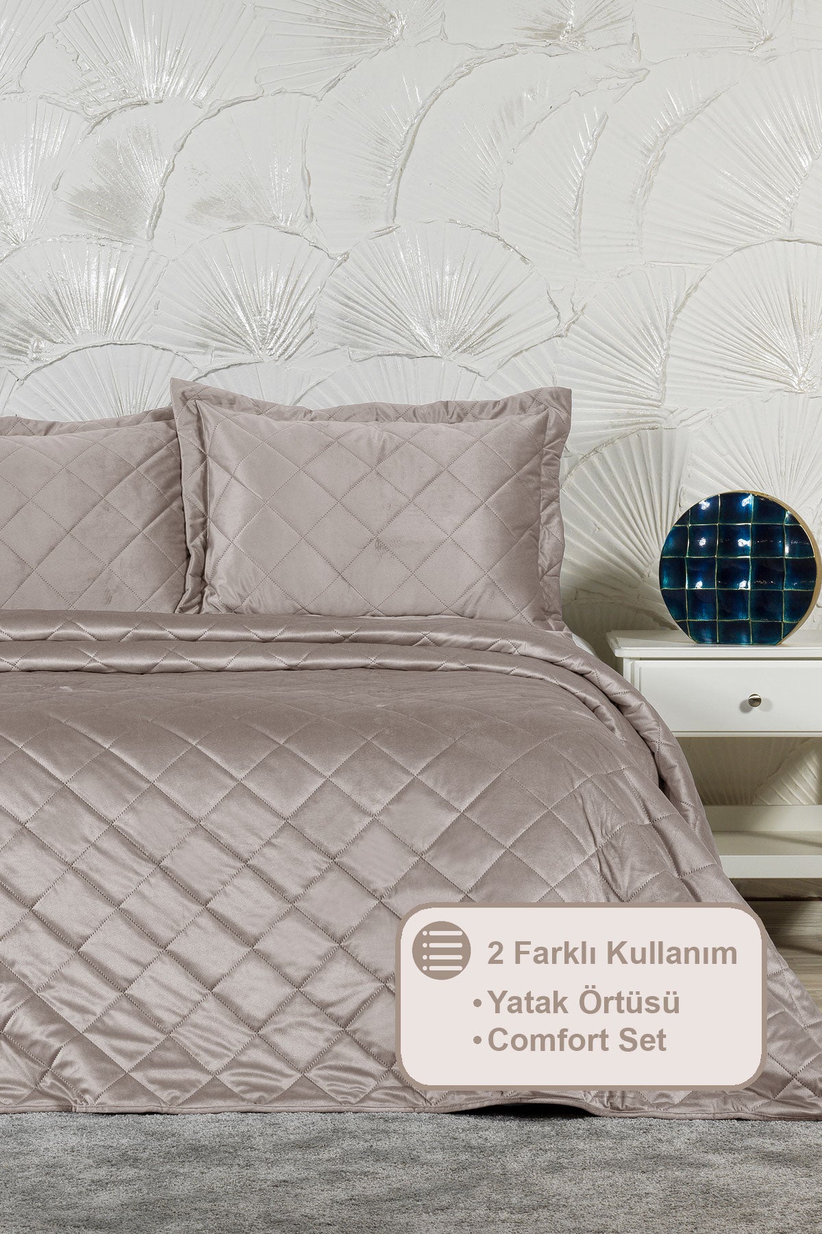 ELART Alice Yatak Örtüsü Çift Kişilik Kadife (240x260 cm) Taş rengi