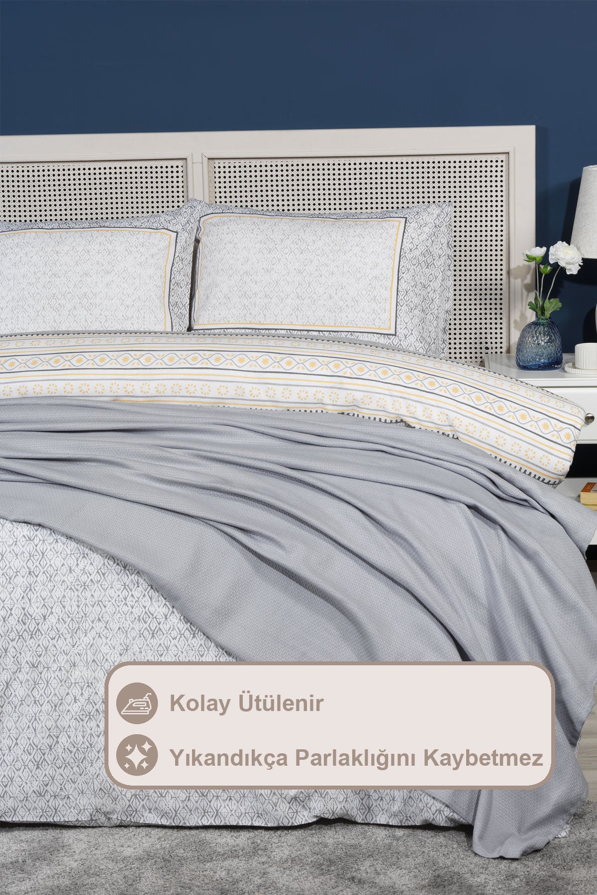 ELART Liya Nevresimli Pike Takımı Çift Kişilik Pamuklu 5 Parça (200x220 cm) Gri