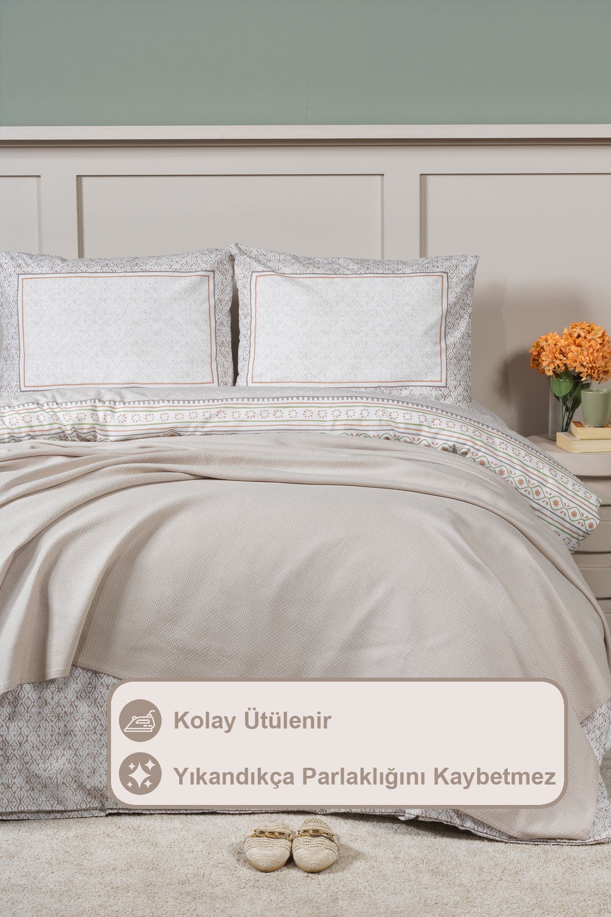 ELART Liya Nevresimli Pike Takımı Çift Kişilik Pamuklu 5 Parça (200x220 cm) Bej