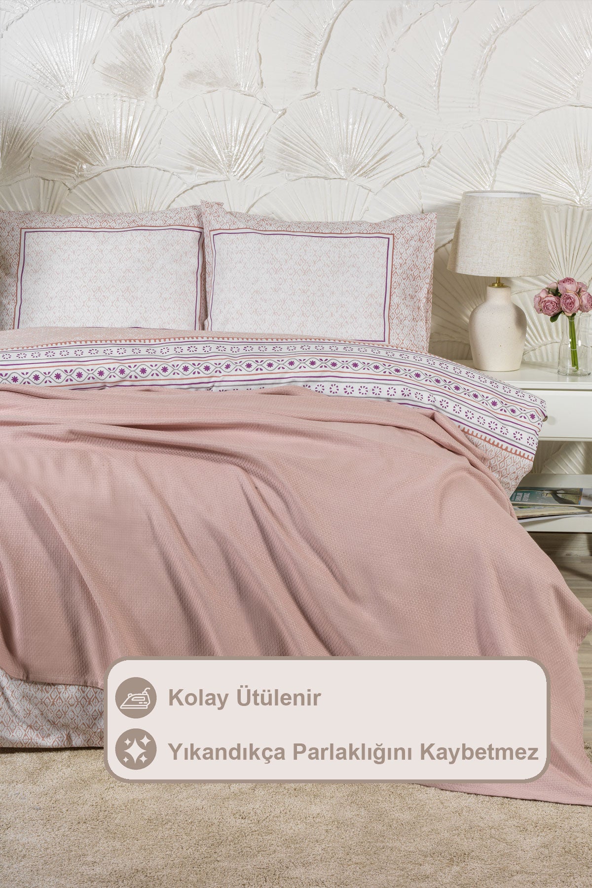 ELART Liya Nevresimli Pike Takımı Çift Kişilik Pamuklu 5 Parça (200x220 cm) Pudra