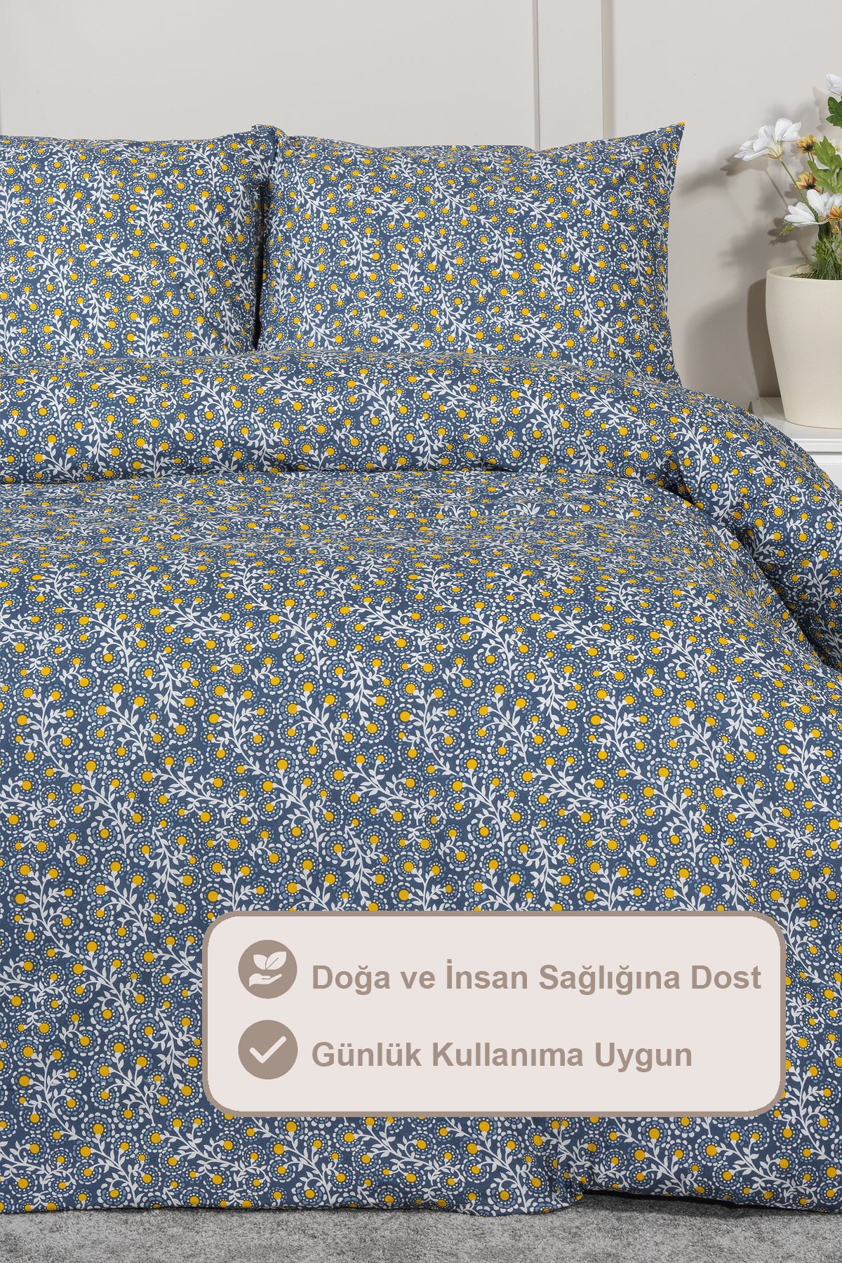 ELART Talia Nevresim Takımı Çift Kişilik %100 Pamuk Ranforce Lastikli Çarşaf (200x220 cm) Lacivert