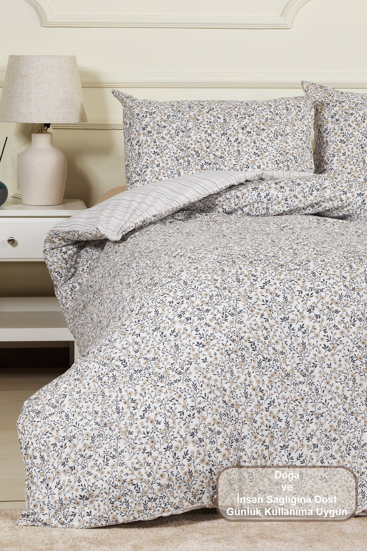 ELART Betty Nevresim Takımı Çift Kişilik %100 Pamuk Ranforce Lastikli Çarşaf (200x220 cm) Bej