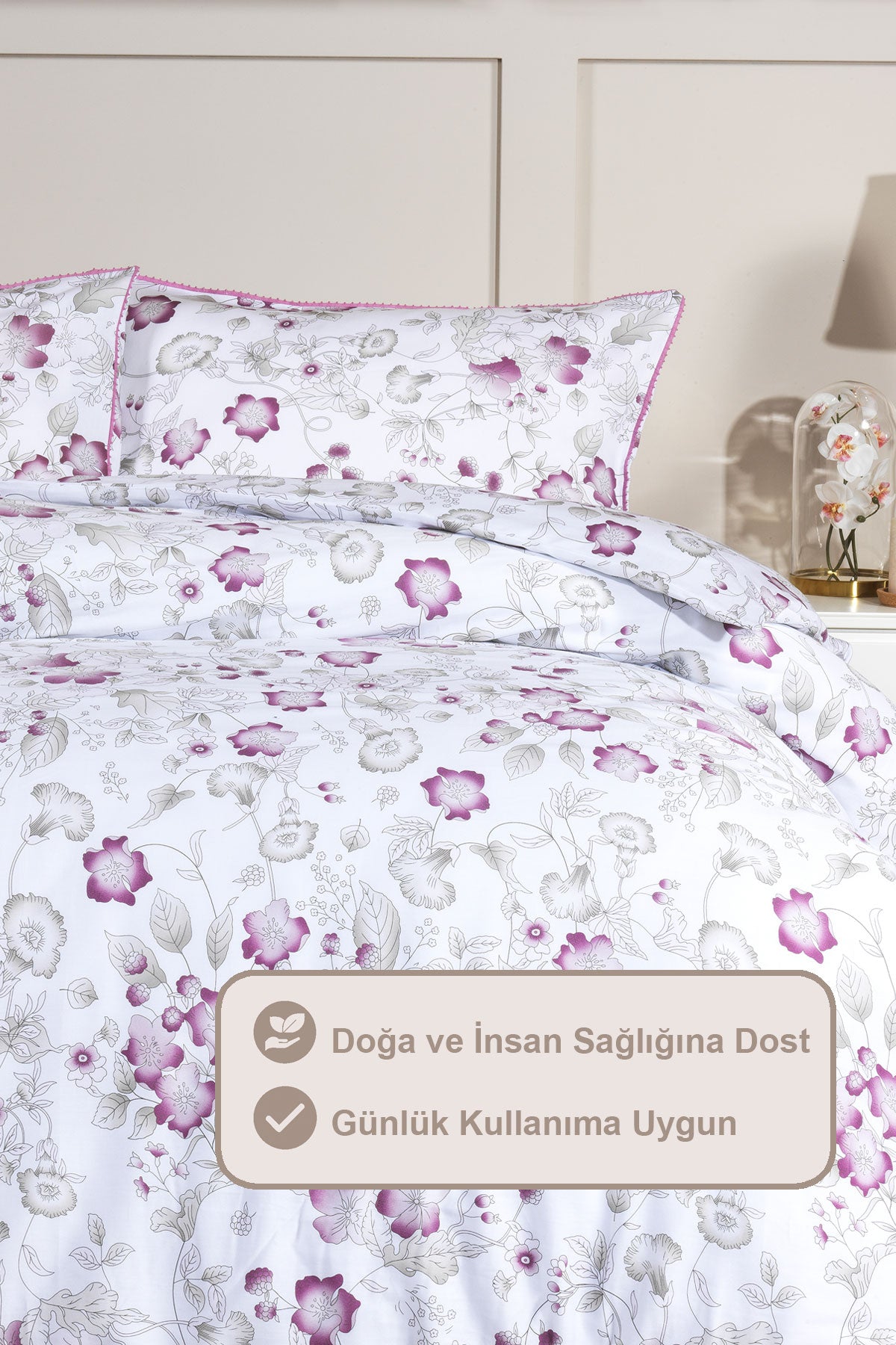 ELART Rose Nevresim Takımı Çift Kişilik Digital Baskılı %100 Pamuk Saten Dantelli (200x220 cm) Pudra