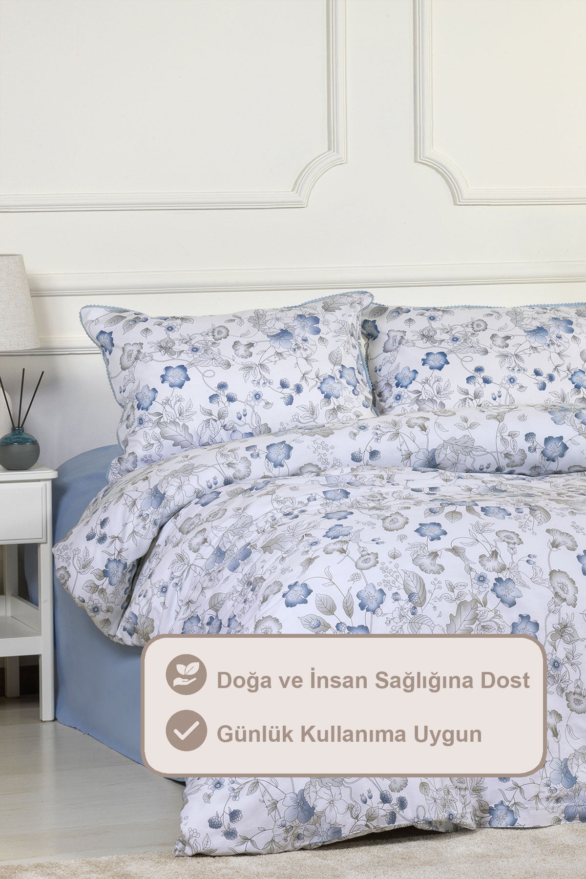 ELART Rose Nevresim Takımı Çift Kişilik Digital Baskılı %100 Pamuk Saten Dantelli (200x220 cm) Mavi