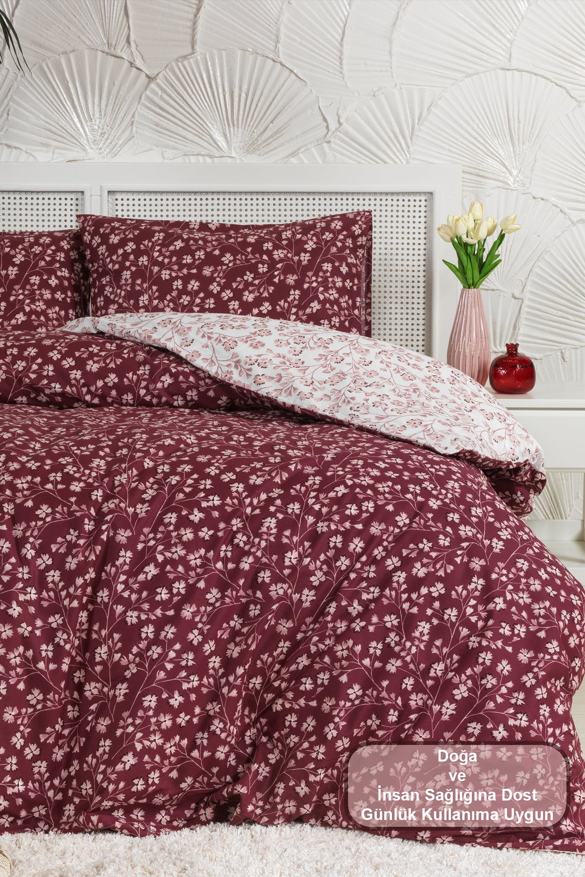 ELART Jasmin Nevresim Takımı Çift Kişilik %100 Pamuk Ranforce Lastikli Çarşaf (200x220 cm) Bordo