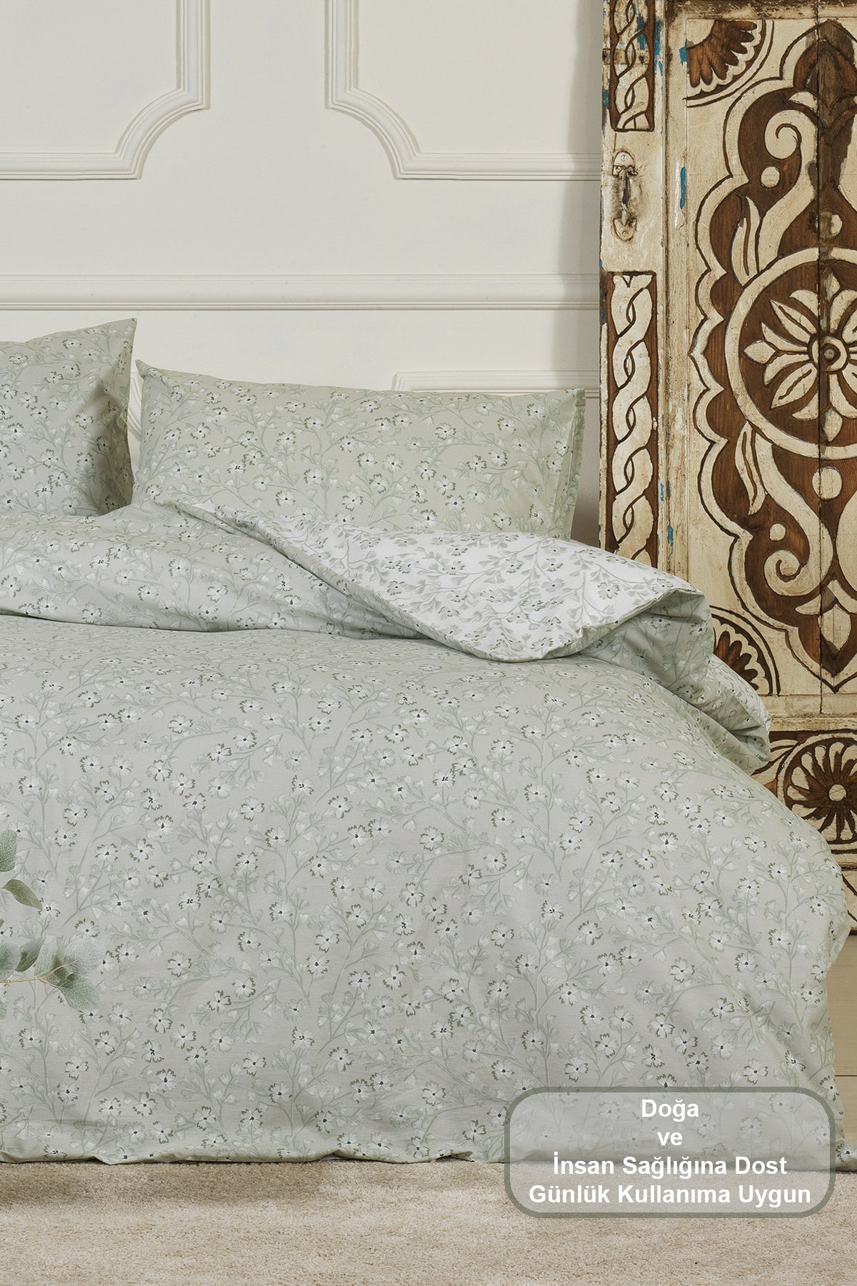 ELART Jasmin Nevresim Takımı Tek Kişilik %100 Pamuk Ranforce Lastikli Çarşaf (160x220 cm) Yeşil