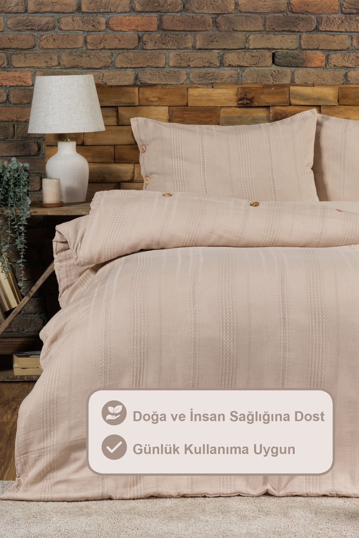 ELART Tiara Nevresim Takımı Çift Kişilik Lastikli Çarşaf %100 Pamuk Ranforce Ahşap Düğmeli (200x220 cm) Bej