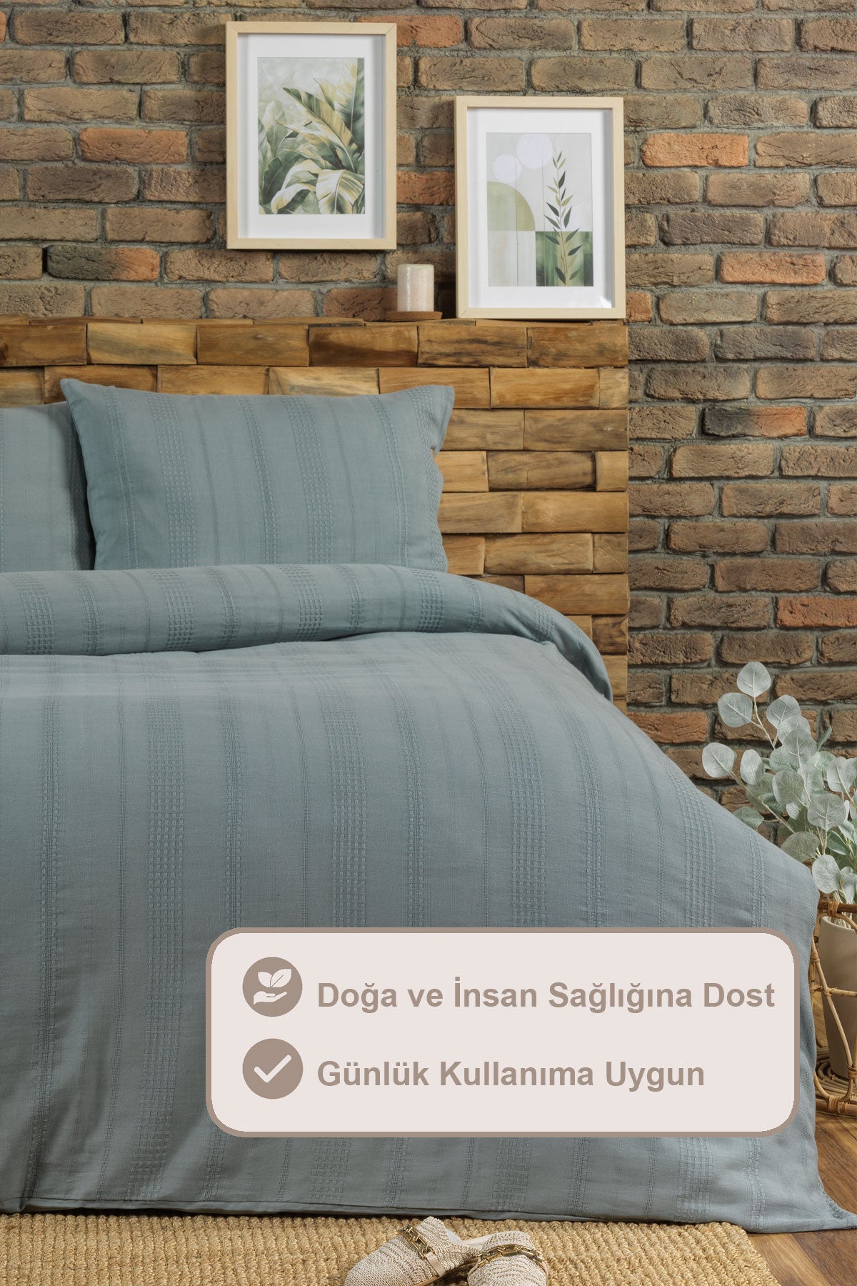 ELART Tiara Nevresim Takımı Çift Kişilik Lastikli Çarşaf %100 Pamuk Ranforce Ahşap Düğmeli (200x220 cm) Yeşil