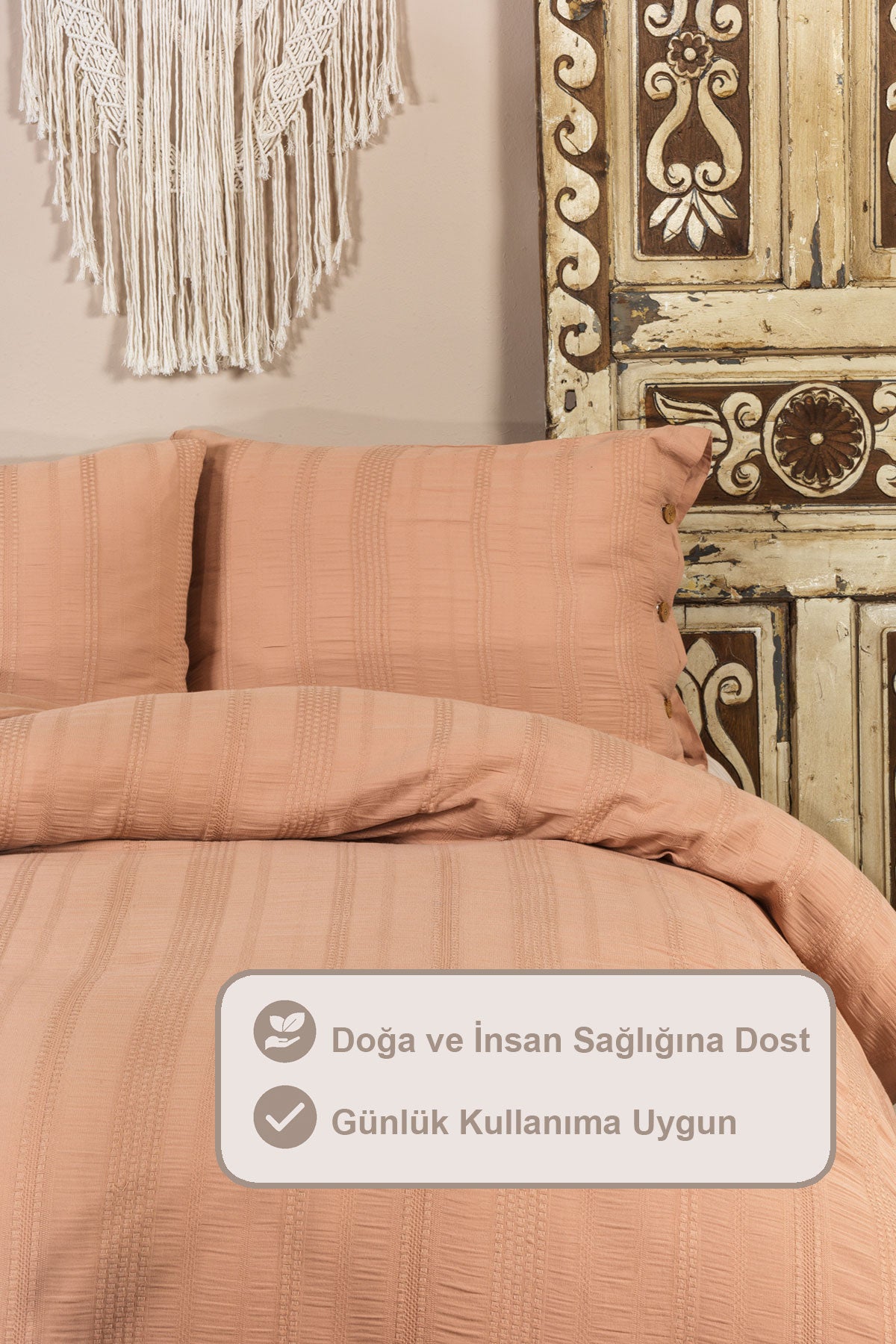 ELART Tiara Nevresim Takımı Çift Kişilik Lastikli Çarşaf %100 Pamuk Ranforce Ahşap Düğmeli (200x220 cm) Tarçın