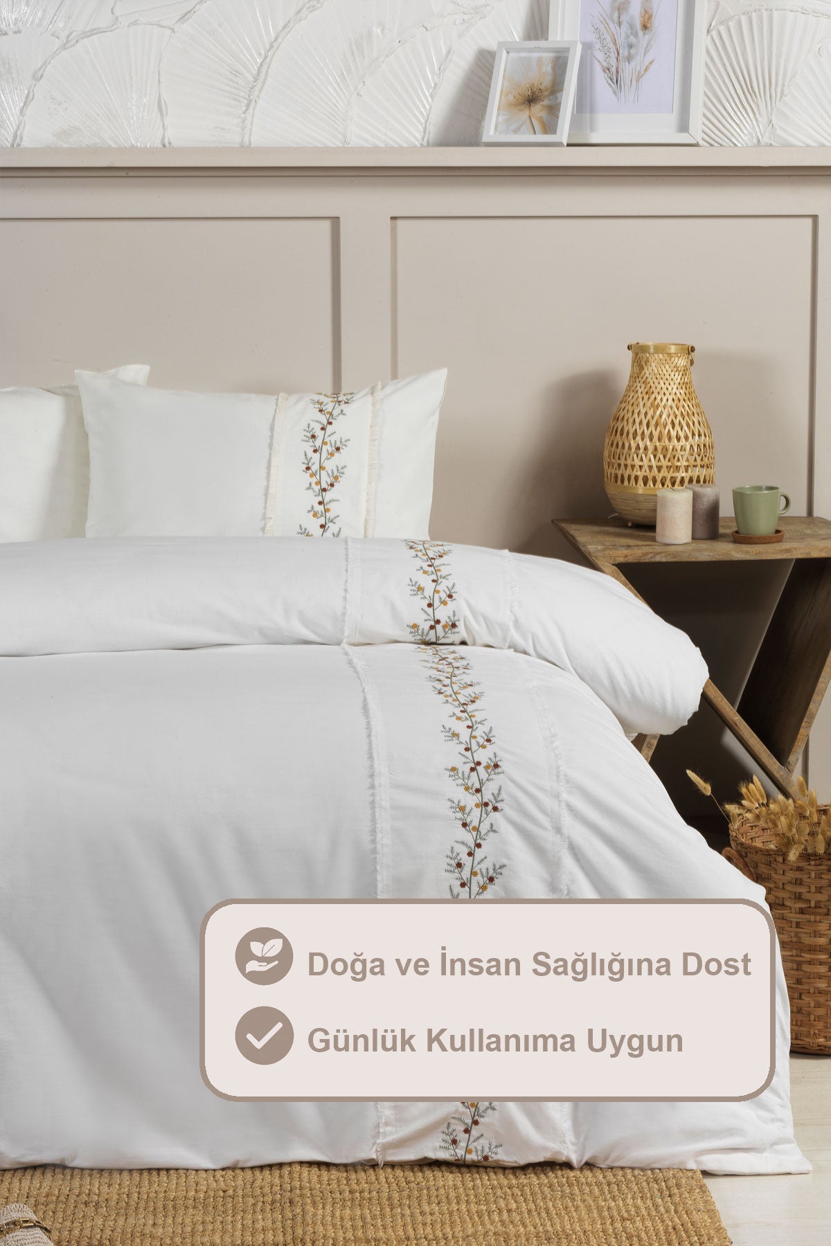 ELART Belissa Nevresim Takımı Çift Kişilik Lastikli Çarşaf %100 Pamuk Nakışlı (200x220 cm) Hardal