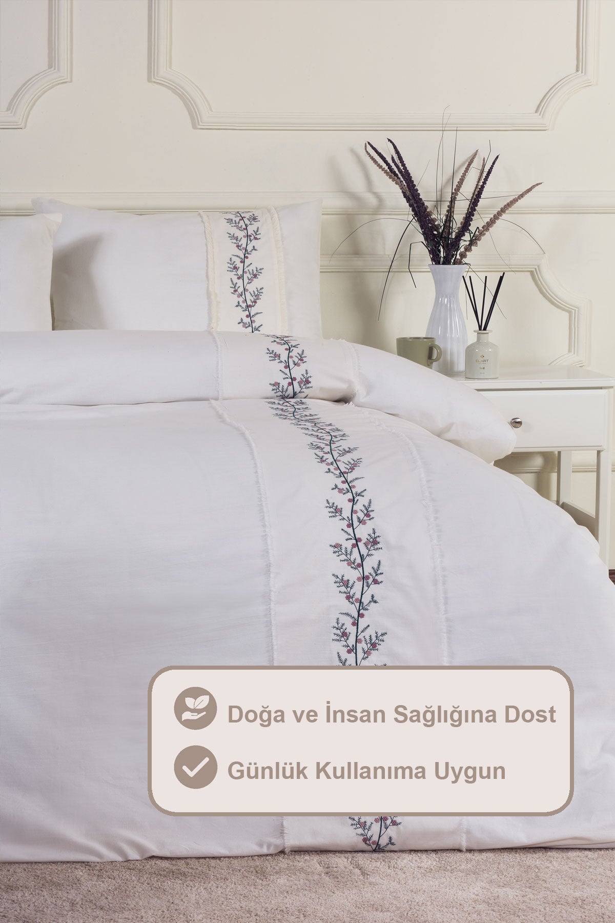 ELART Belissa Nevresim Takımı Çift Kişilik Lastikli Çarşaf %100 Pamuk Nakışlı (200x220 cm) Pudra