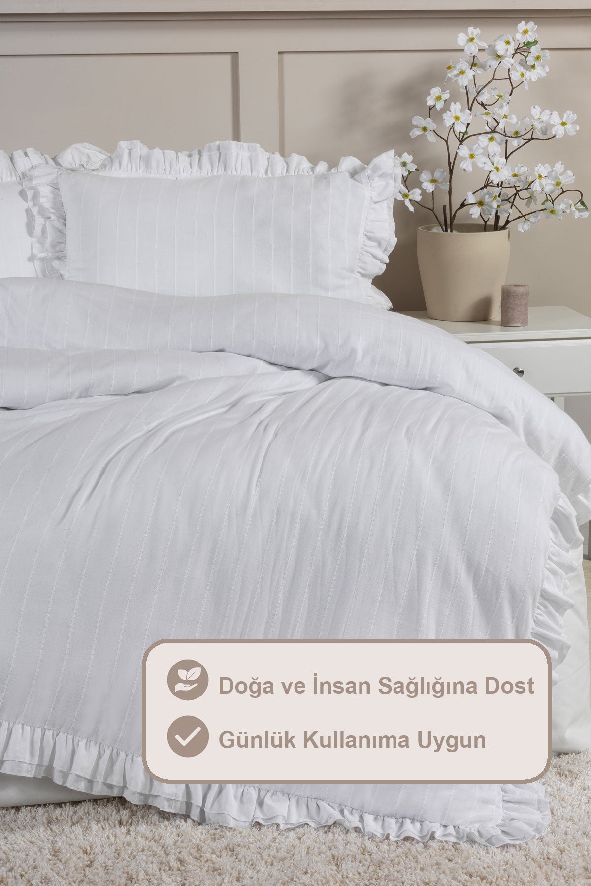 ELART Lotus Nevresim Takımı Tek Kişilik %100 Pamuk Ranforce Fırfırlı Lastikli Çarşaf (160xx220 cm) Beyaz