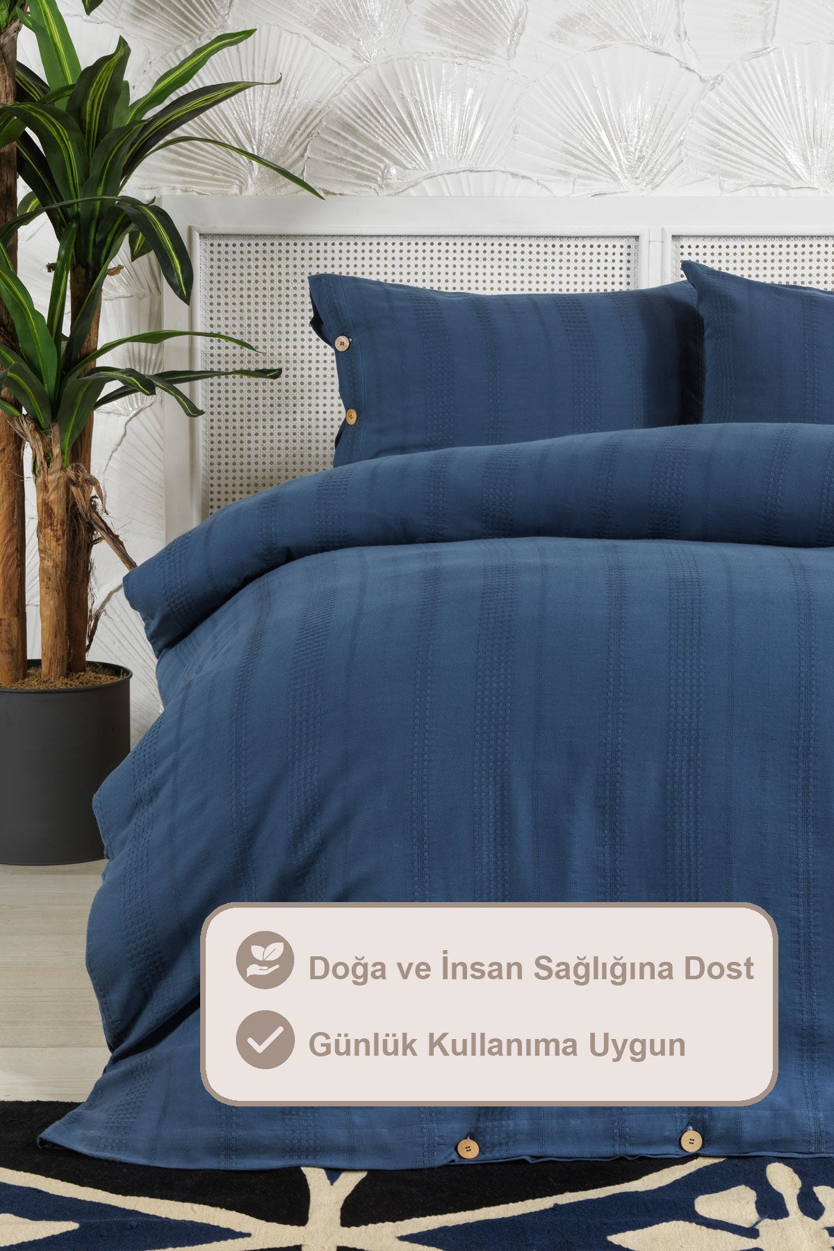 ELART Tiara Nevresim Takımı Tek Kişilik Lastikli Çarşaf %100 Pamuk Ranforce Ahşap Düğmeli (160x220 cm) Mavi