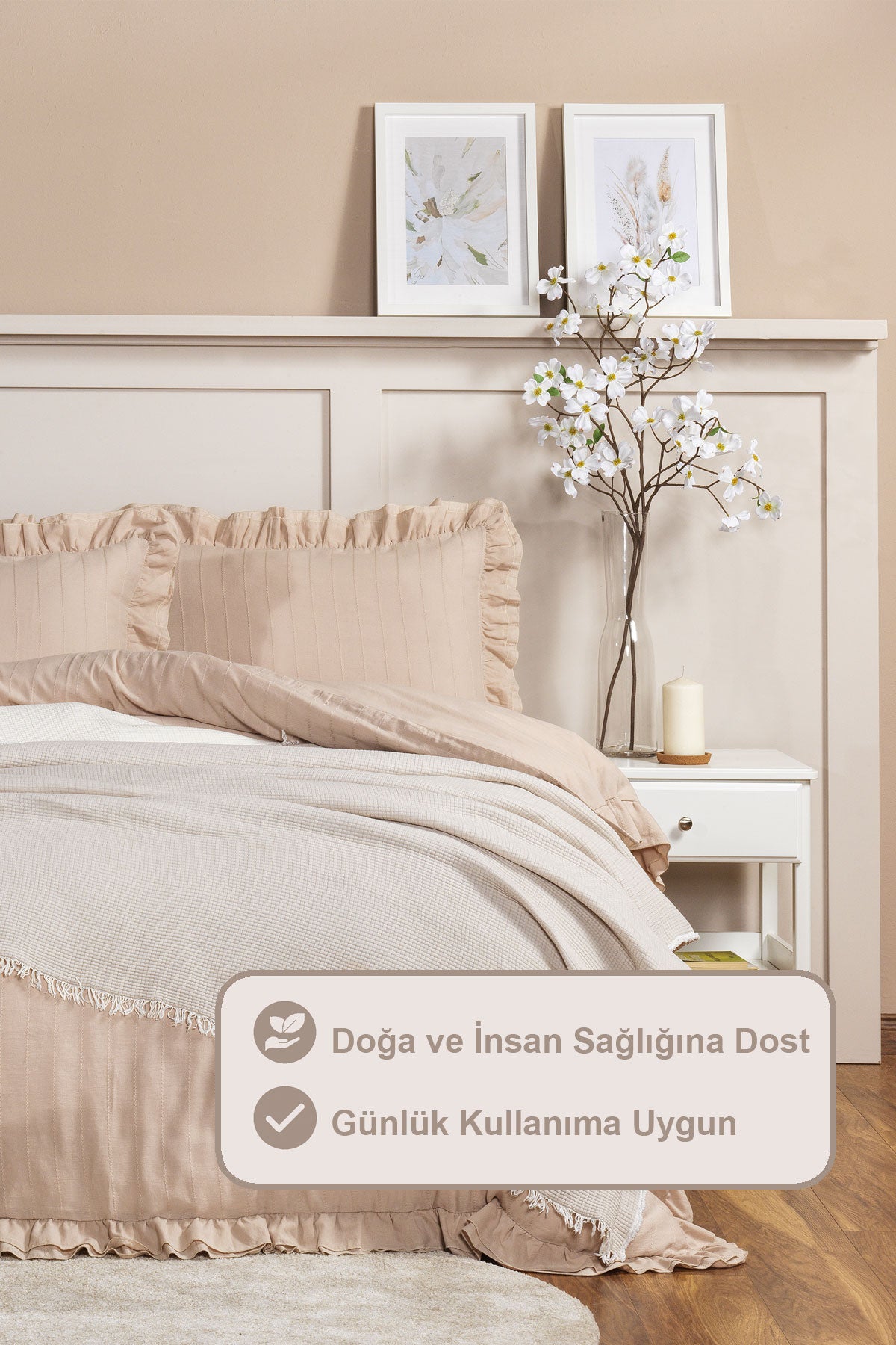 ELART Lotus Nevresim Takımı King Size %100 Pamuk Ranforce Fırfırlı Lastikli Çarşaf (240x220 cm) Taş rengi