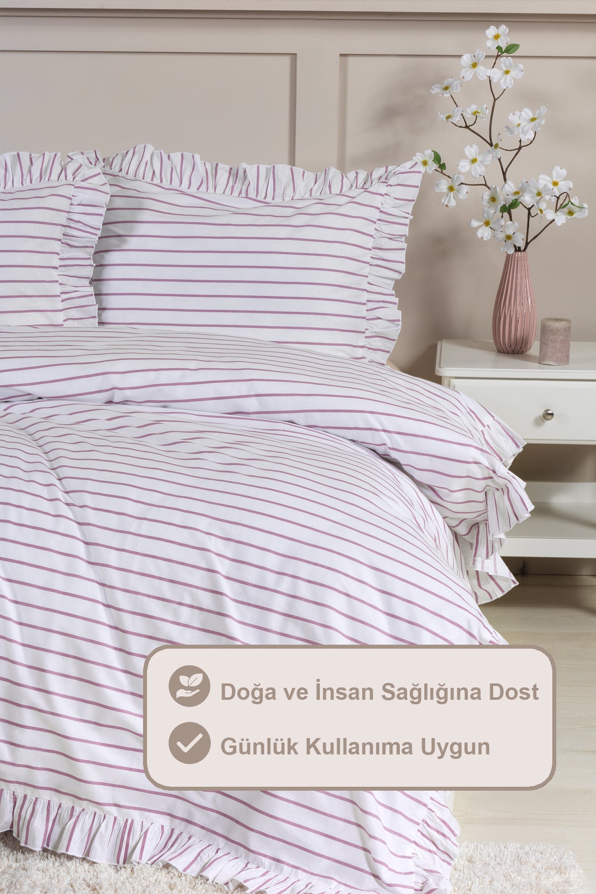 ELART Lara Nevresim Takımı Çift Kişilik Lastikli Çarşaf %100 Pamuk Ranforce Fırfırlı (200x220 cm) Gülkurusu