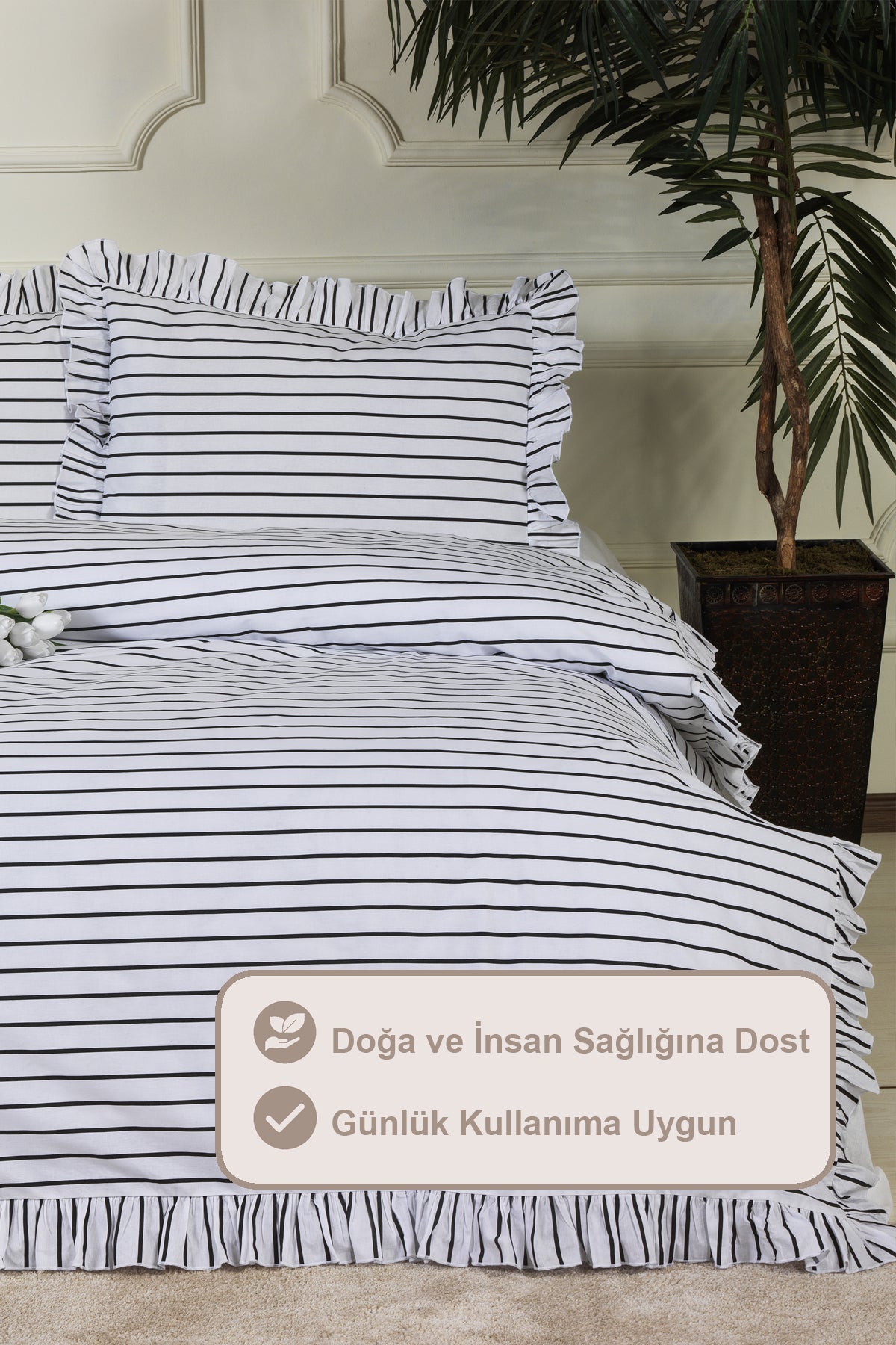 ELART Lara Nevresim Takımı Tek Kişilik Lastikli Çarşaf %100 Pamuk Ranforce Fırfırlı (160x220 cm) Siyah