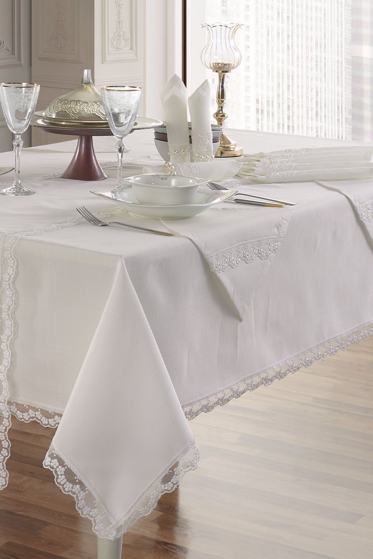 ELART Lucia Yemek Seti 12 Kişilik Dertsiz Leke Tutmaz Dantelli Krem