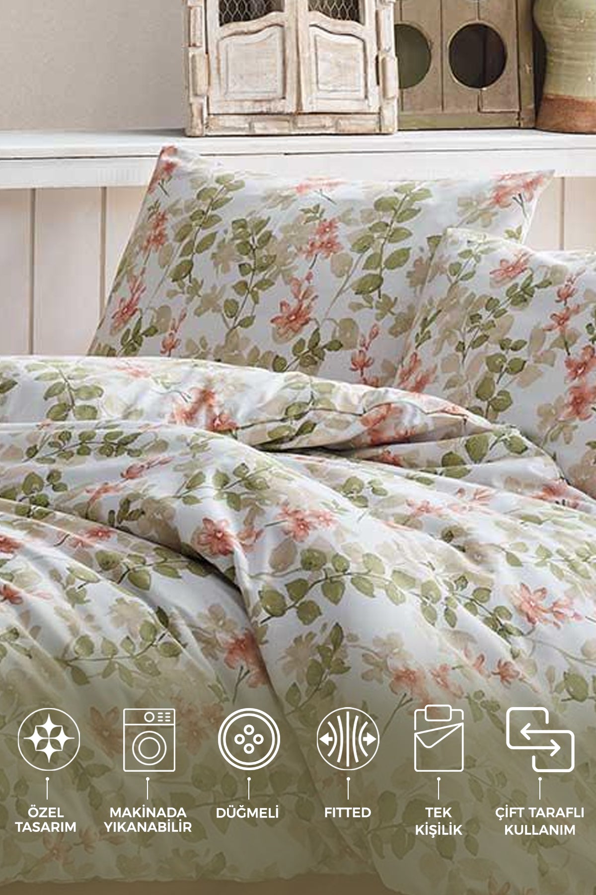 ELART Flores Nevresim Takımı Tek Kişilik Ranforce 3 Parça Pudra