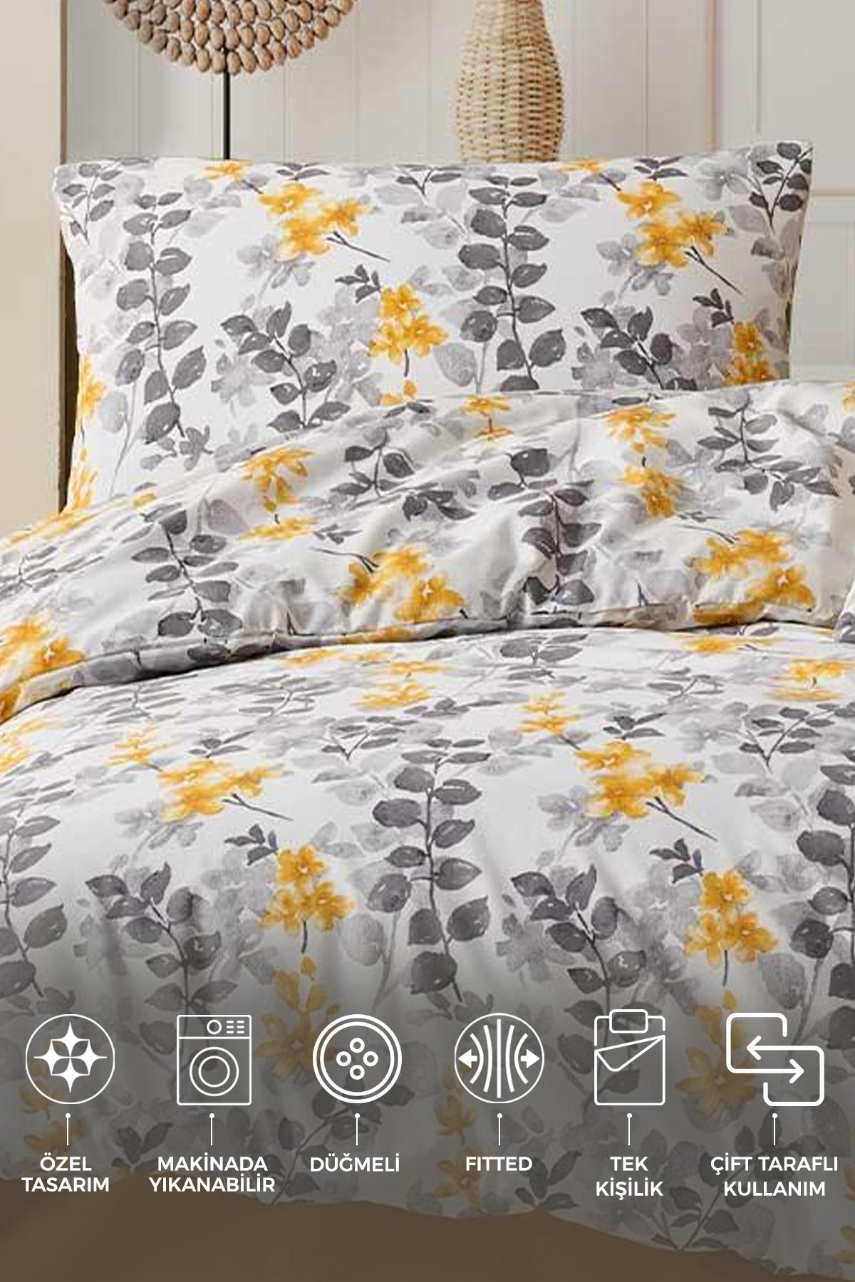 ELART Flores Nevresim Takımı Tek Kişilik Ranforce 3 Parça Sarı