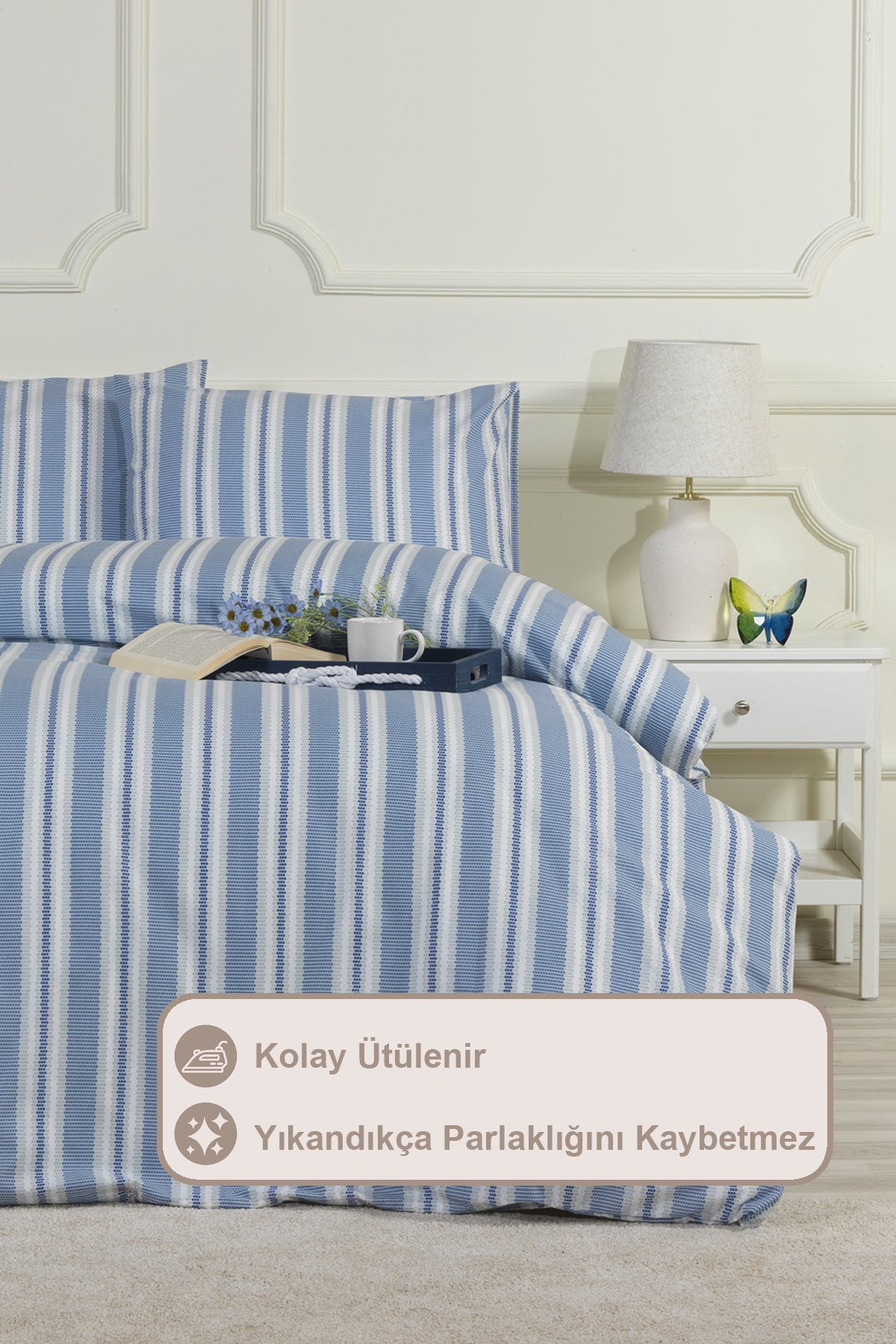 ELART Scatt Nevresim Takımı Çift Kişilik Lastikli Çarşaf (200x220 cm) Mavi