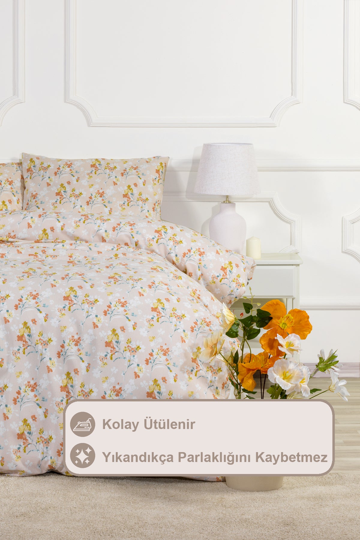 ELART Floret Nevresim Takımı Çift Kişilik Lastikli Çarşaf (200x220 cm) Ekru