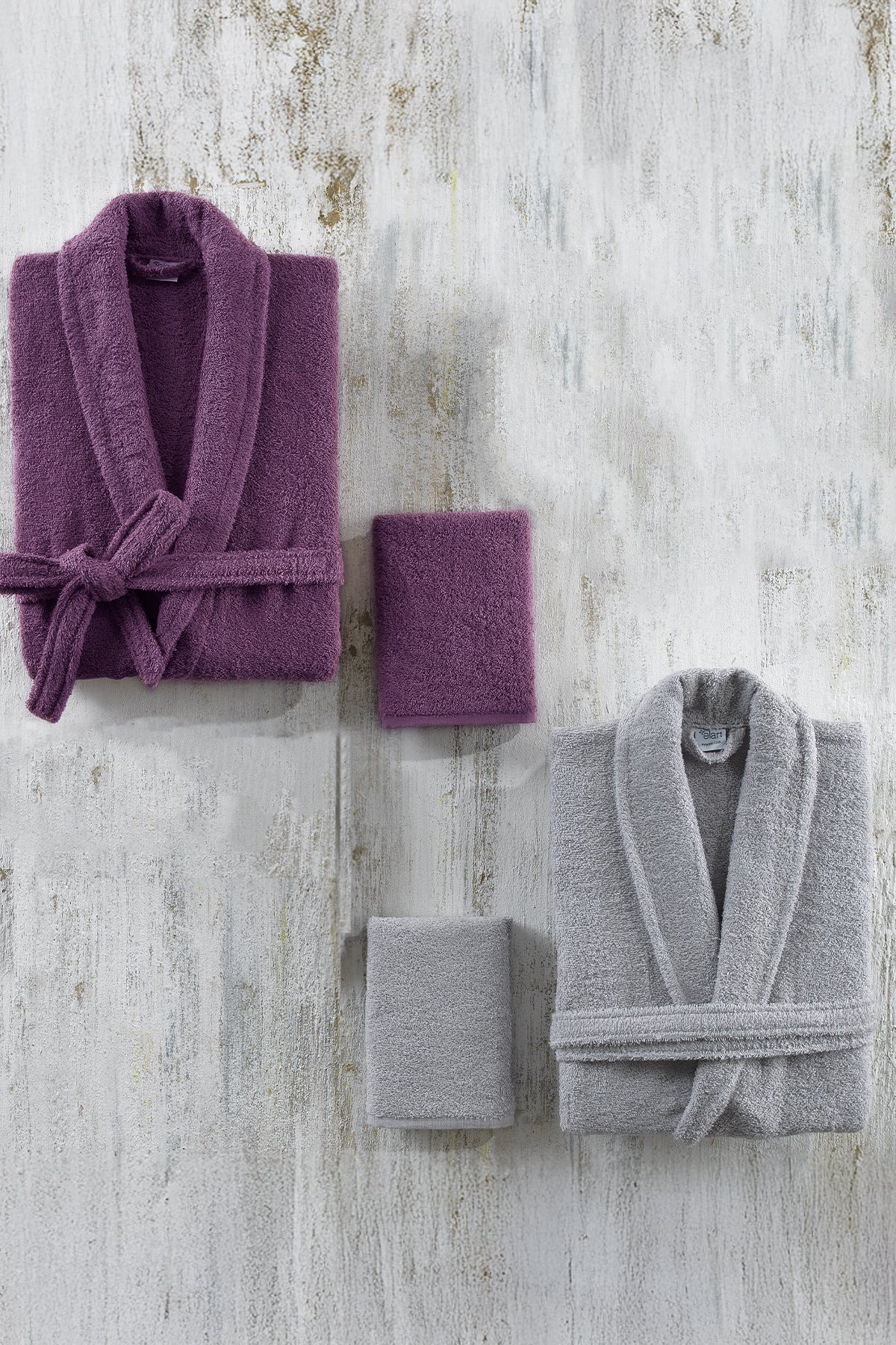 ELART Naturel Bornoz Aile Seti %100 Pamuk 4 Parça Mürdüm