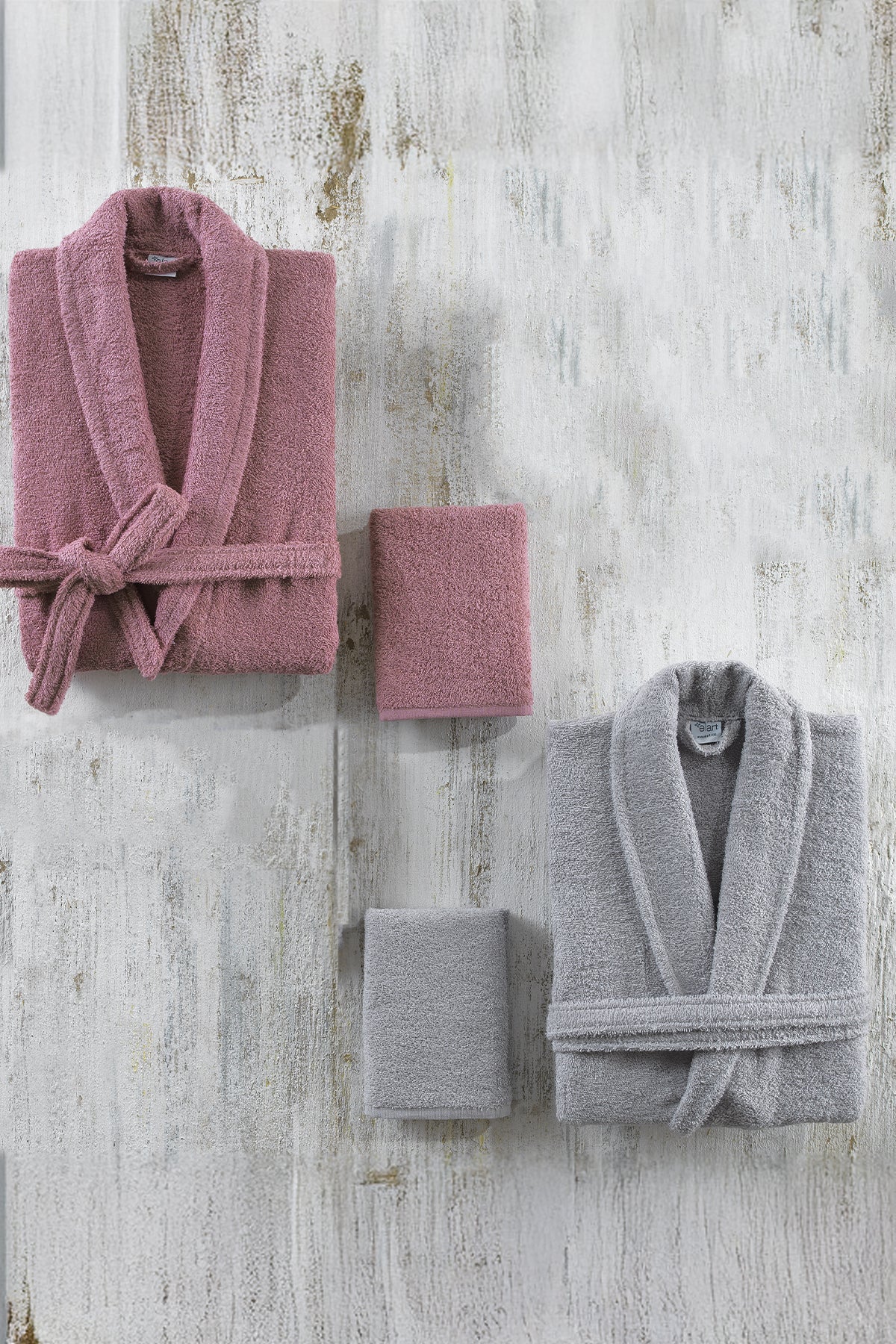 ELART Naturel Bornoz Aile Seti %100 Pamuk 4 Parça Gülkurusu