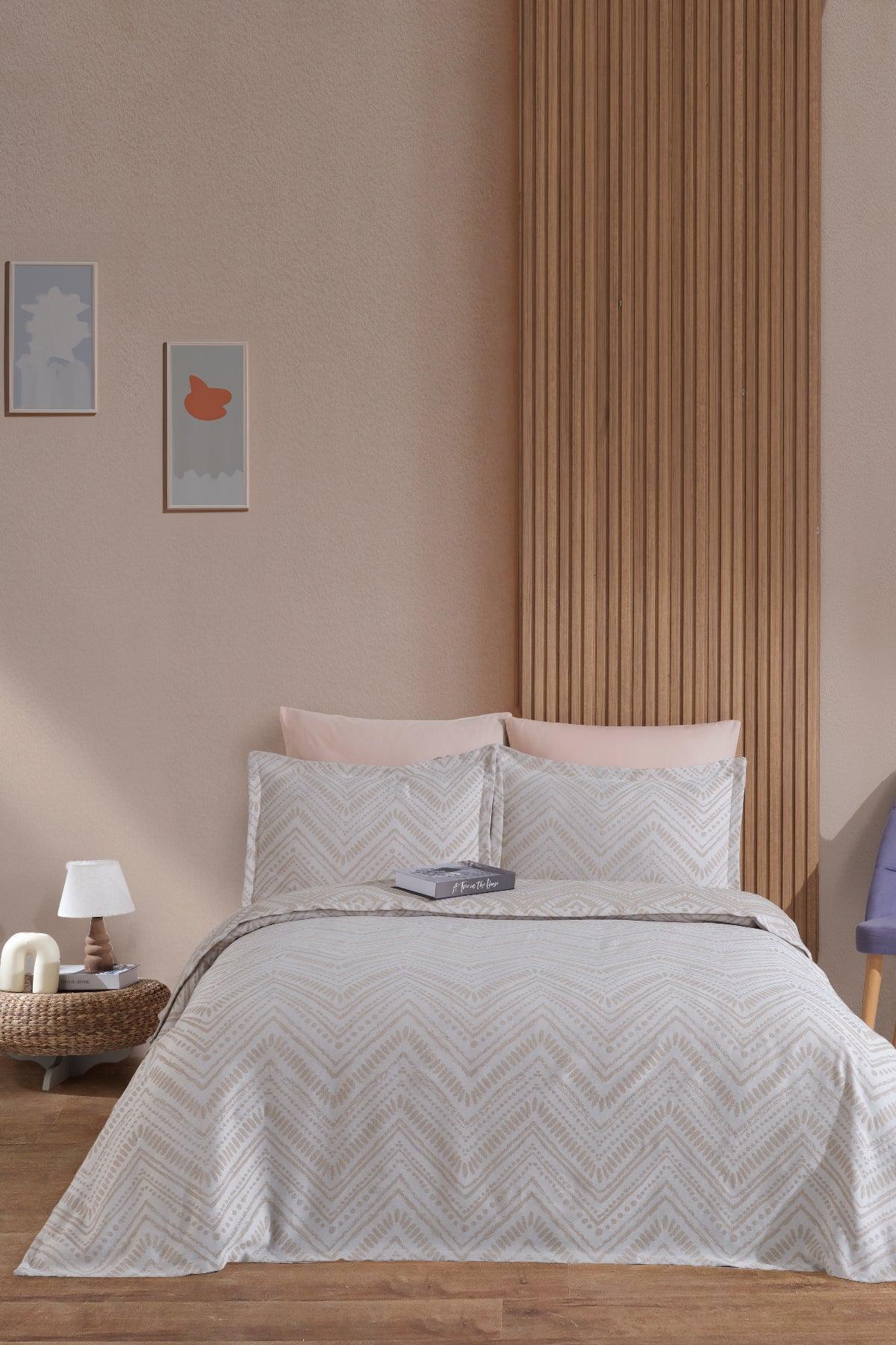 Petra Keten Görünümlü Yatak Örtüsü Seti 3 Parça Çift Kişilik Ekru - Elart Home