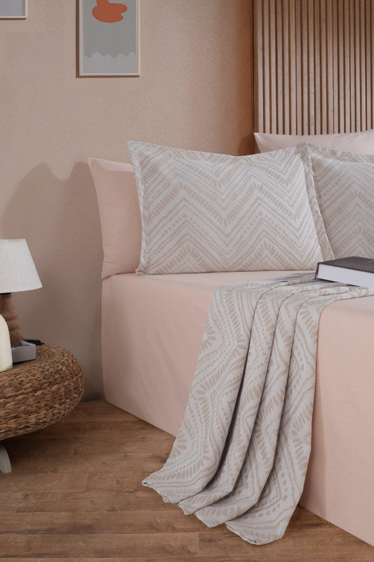 Petra Keten Görünümlü Yatak Örtüsü Seti 3 Parça Çift Kişilik Ekru - Elart Home