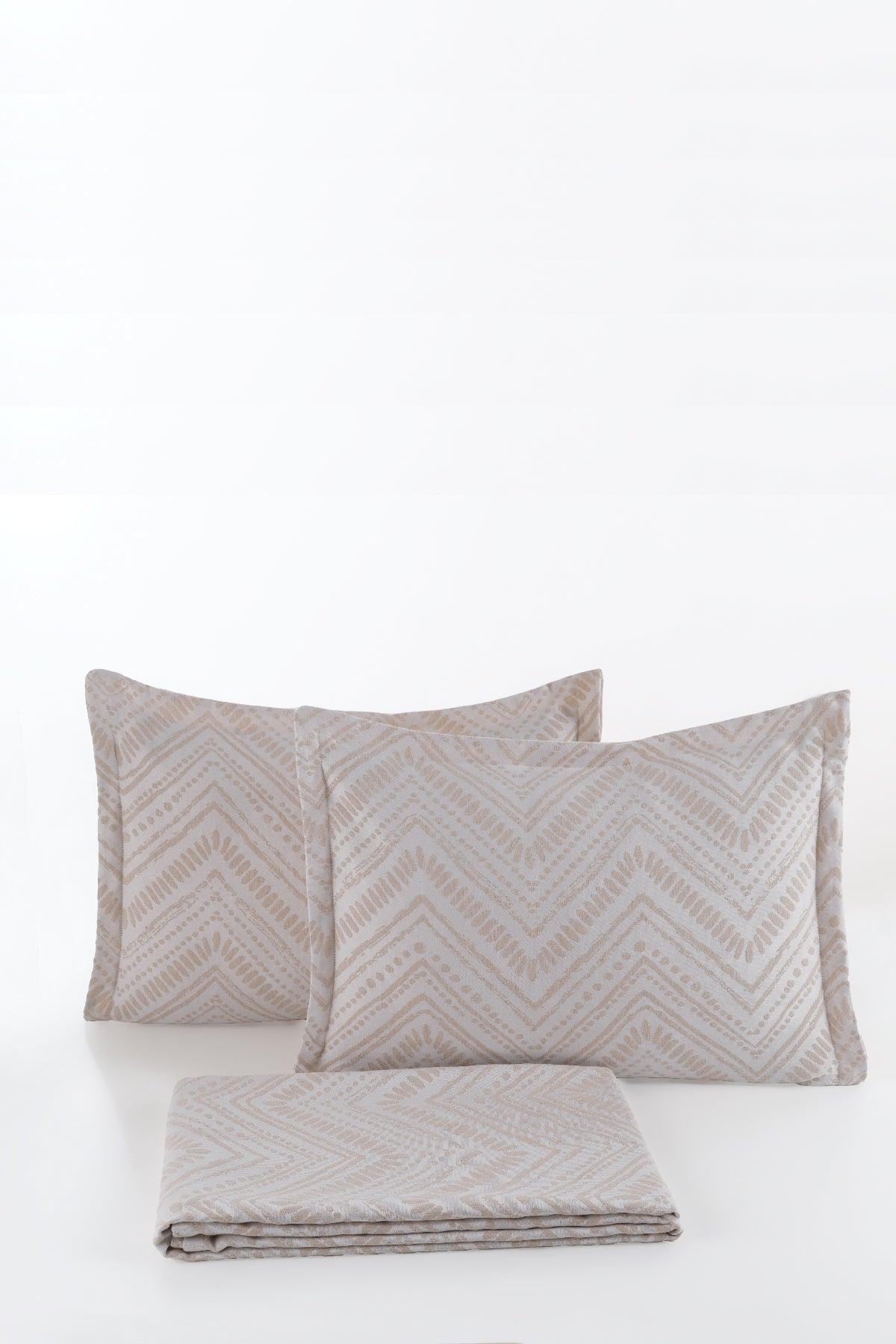 Petra Keten Görünümlü Yatak Örtüsü Seti 3 Parça Çift Kişilik Ekru - Elart Home