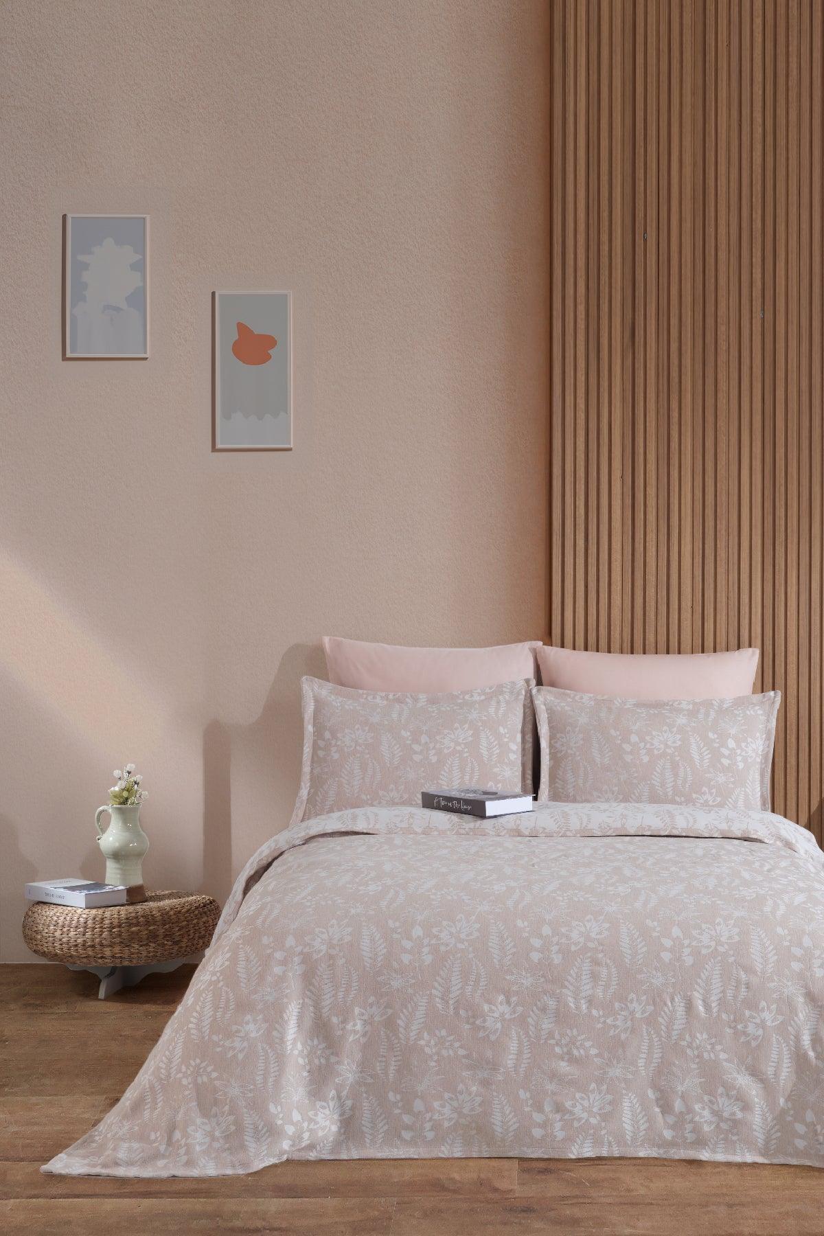 Mokka Keten Görünümlü Yatak Örtüsü Pike Seti 3 Parça Çift Kişilik Ekru - Elart Home