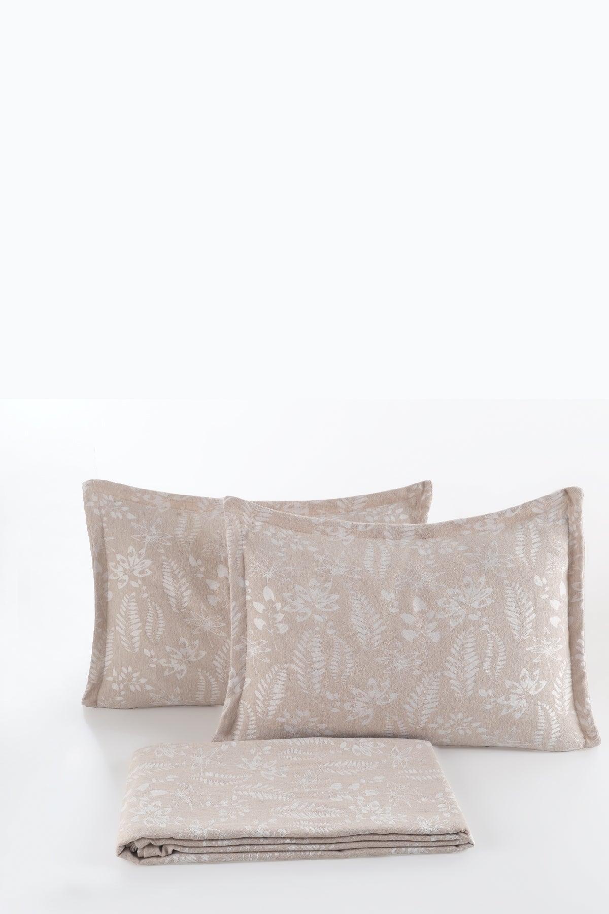 Mokka Keten Görünümlü Yatak Örtüsü Pike Seti 3 Parça Çift Kişilik Ekru - Elart Home