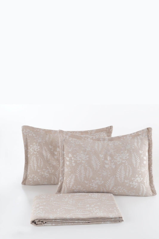 Mokka Keten Görünümlü Yatak Örtüsü Pike Seti 3 Parça Çift Kişilik Ekru - Elart Home