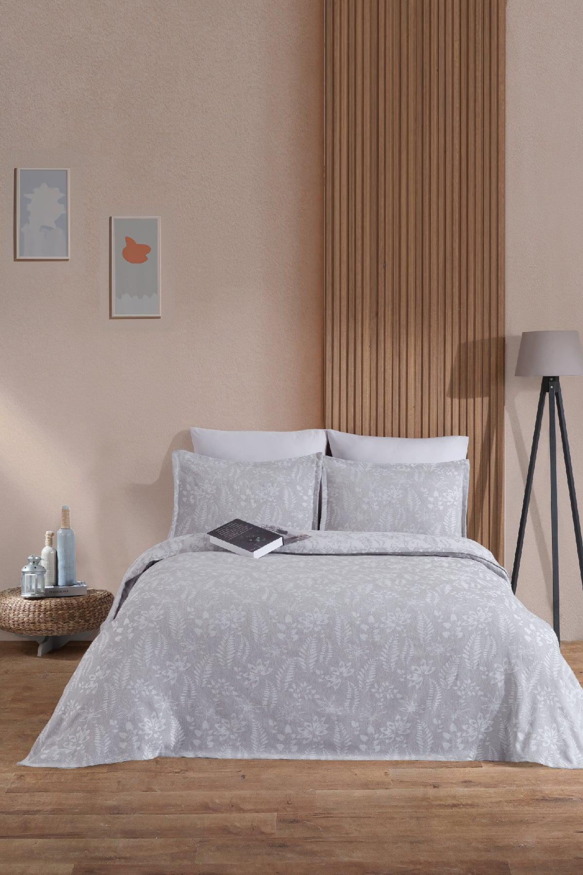Mokka Keten Görünümlü Yatak Örtüsü Pike Seti 3 Parça Çift Kişilik Gri - Elart Home