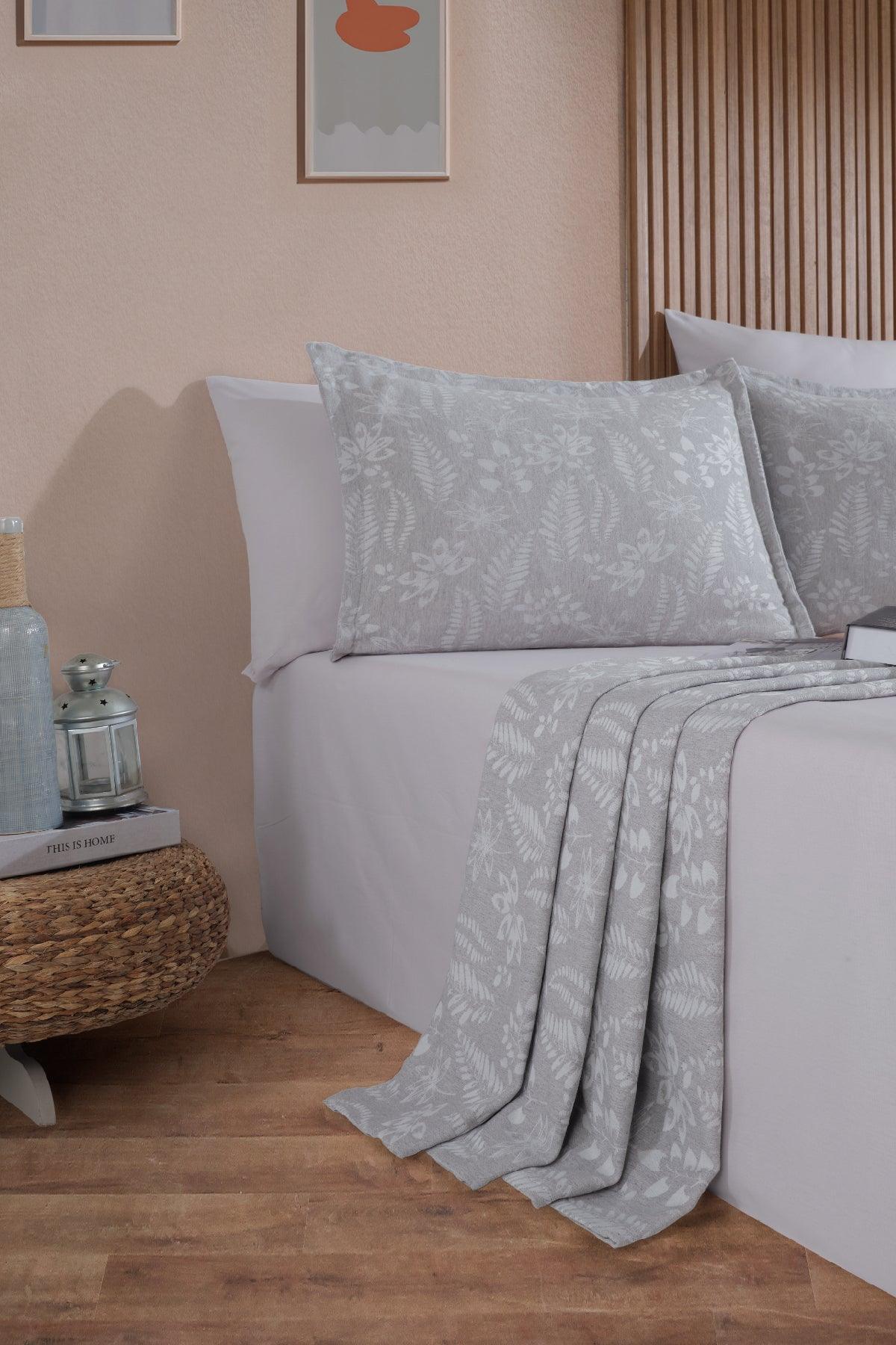 Mokka Keten Görünümlü Yatak Örtüsü Pike Seti 3 Parça Çift Kişilik Gri - Elart Home