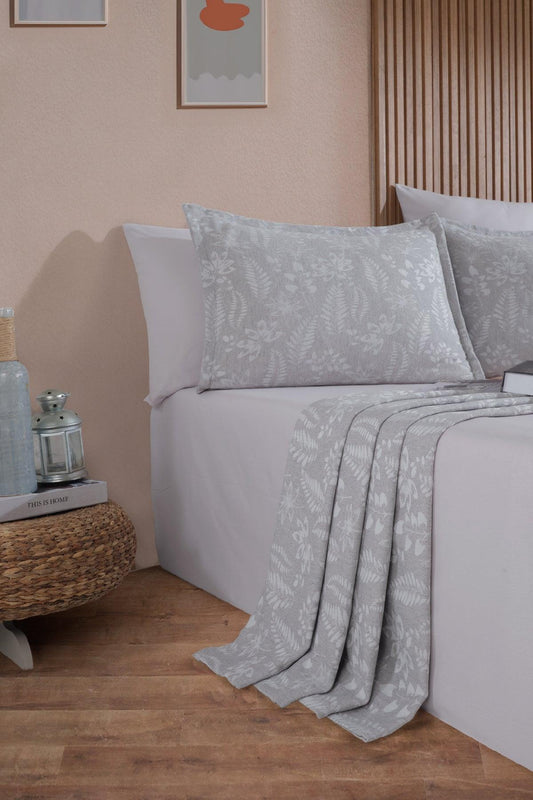 Mokka Keten Görünümlü Yatak Örtüsü Pike Seti 3 Parça Çift Kişilik Gri - Elart Home