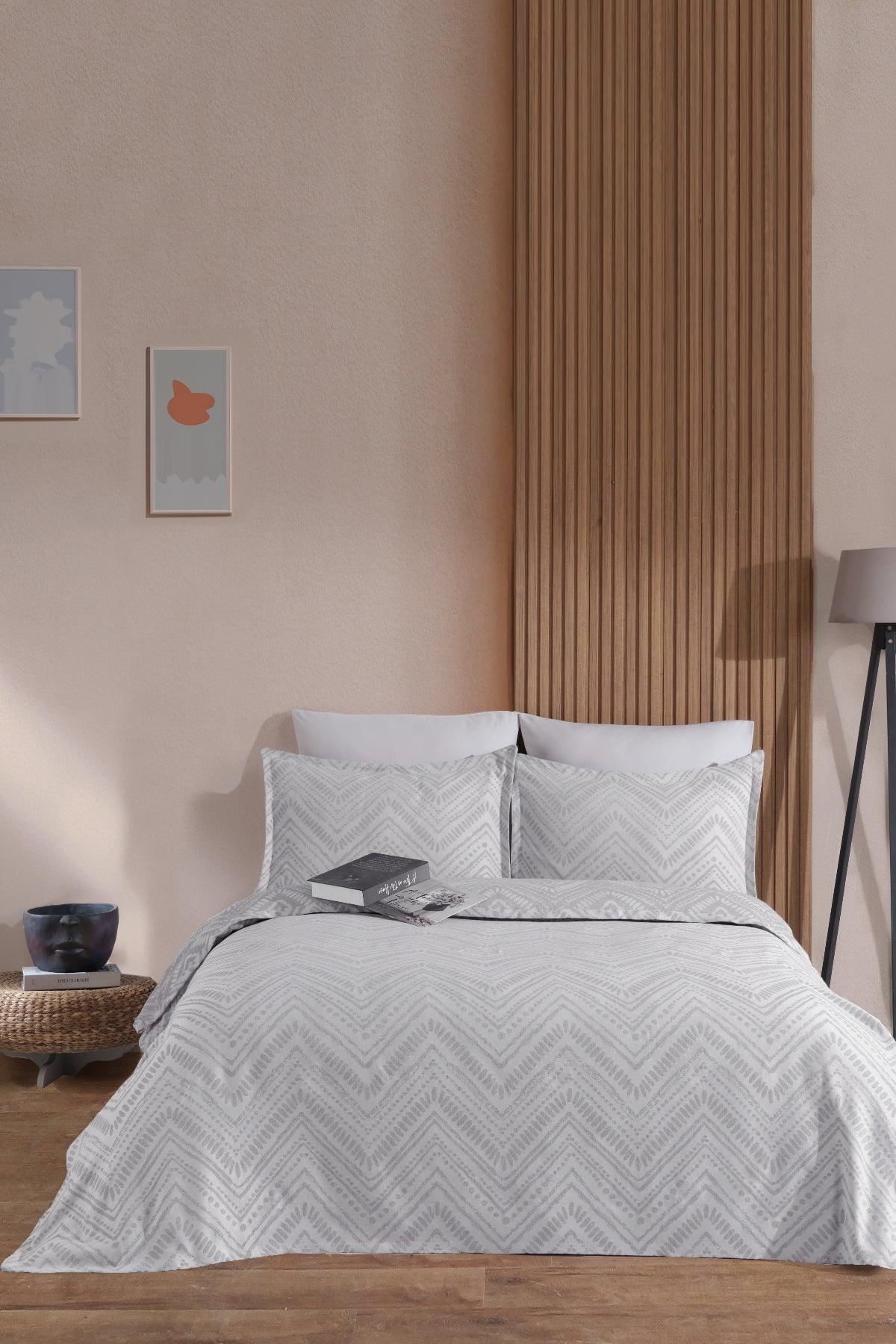 Petra Keten Görünümlü Yatak Örtüsü Seti 3 Parça Çift Kişilik Gri - Elart Home