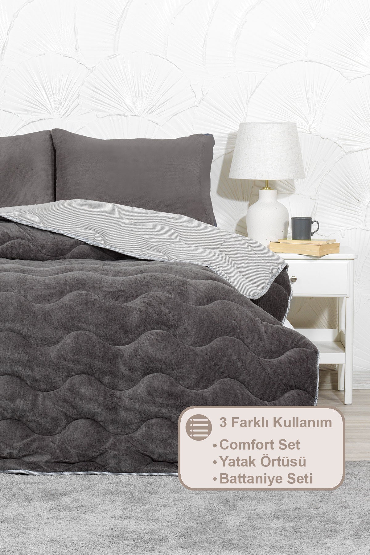 ELART Victor Comfort Uyku Seti Çift Kişilik Wellsoft 3 Parça (195x215 cm) Antrasit